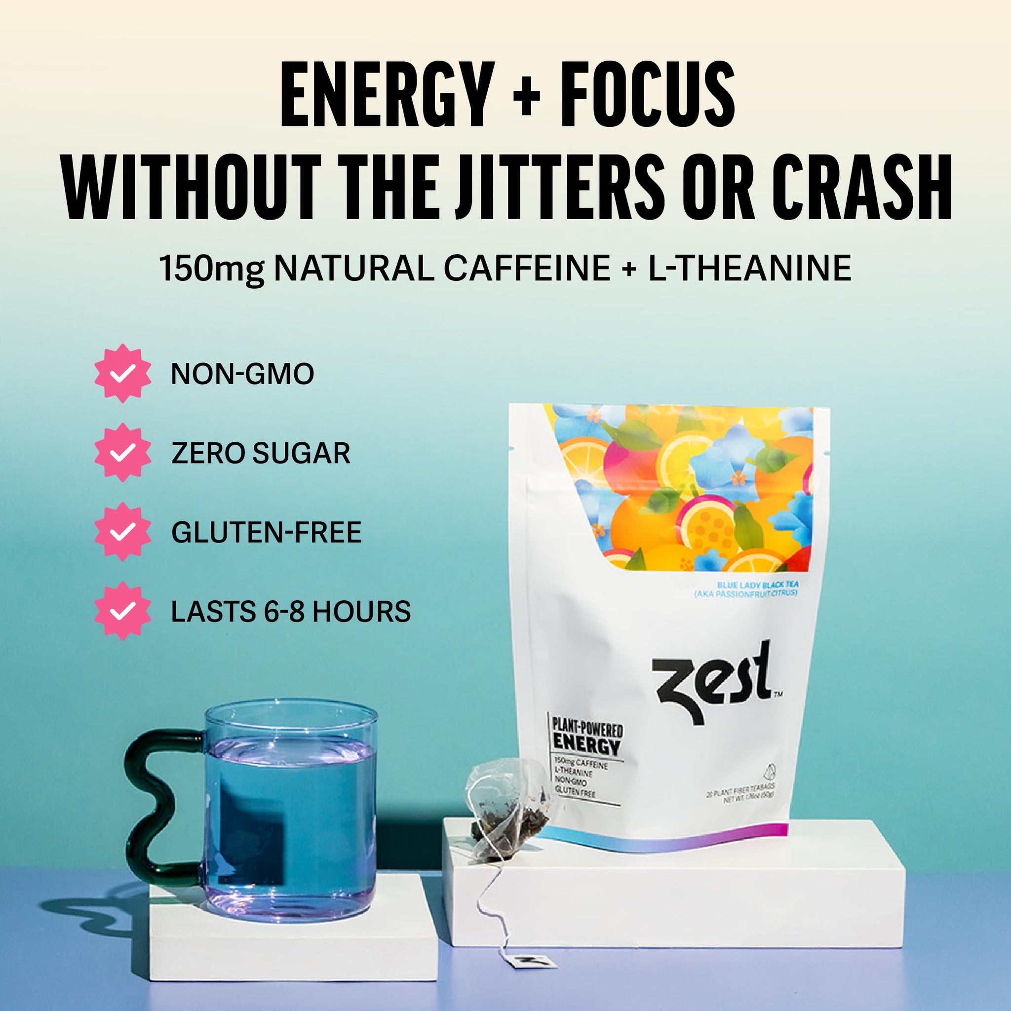 Zest Energy Tea Bags - Blue Lady Passion Fruit Black Tea - High Caffeine Tea for Morning Energy, Focus & Clarity - Natural Caffeinated Tea with 150mg