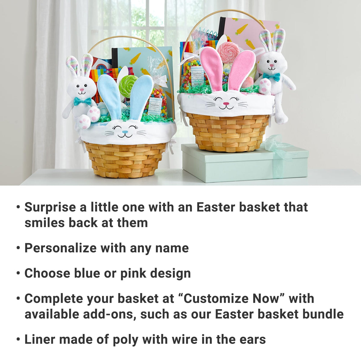 Let's Make Memories Personalized Easter Basket - Wicker - Embroidered Liner - Happy Bunny - Pink