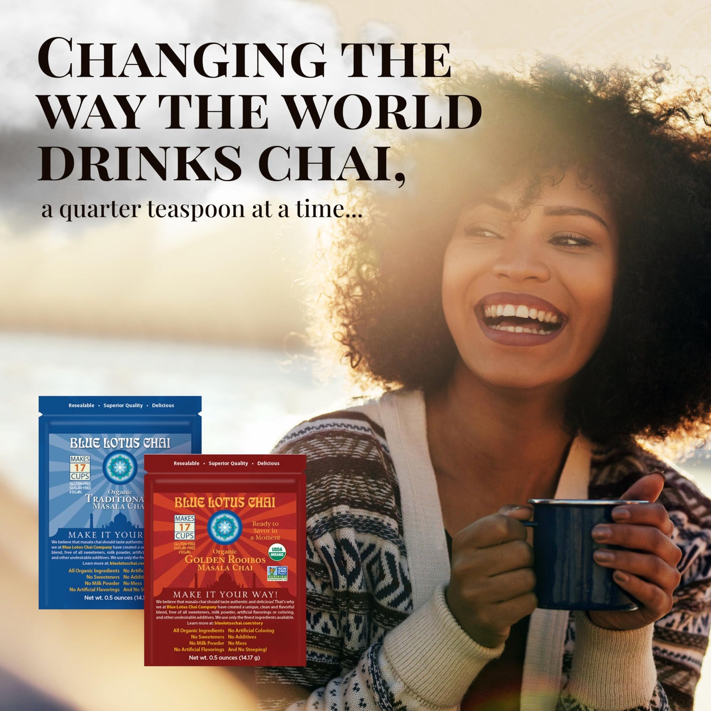 Blue Lotus Chai - Golden Rooibos Flavor Masala Chai - Makes 17 Cups - 0.5 Ounce Masala Spiced Chai Powder with Organic Spices - Instant Indian Tea No