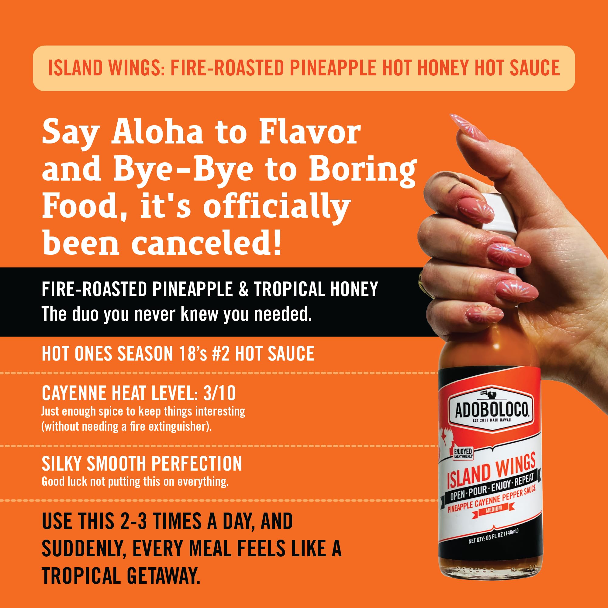 Adoboloco Island Wings Fire-Roasted Pineapple & Hot Honey Hot Sauce - Heat Level 03/10-5 Fl Oz - Seen on Hot Ones - All Natural, Sweet, Spicy