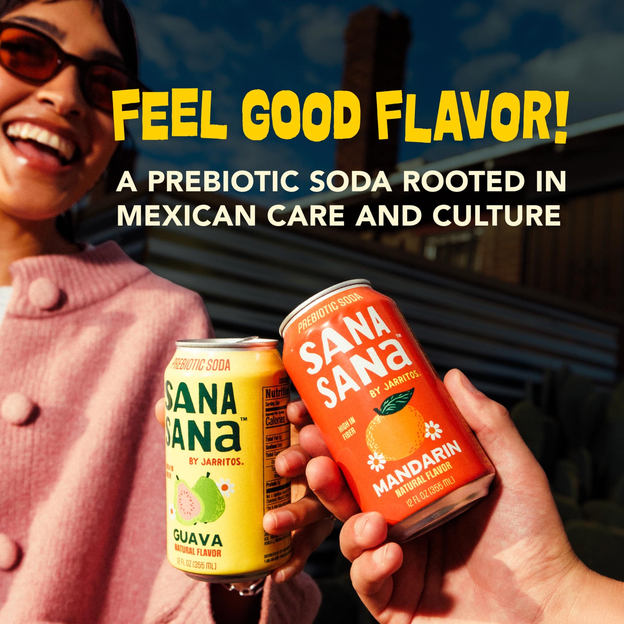 Sana Sana by Jarritos - Mexican Prebiotic Soda Soft Drinks, Guava (12 oz, 355ml) 12 Cans - 40 Calories, 10g of Fiber - Low Sugar - Natural Flavor Soda