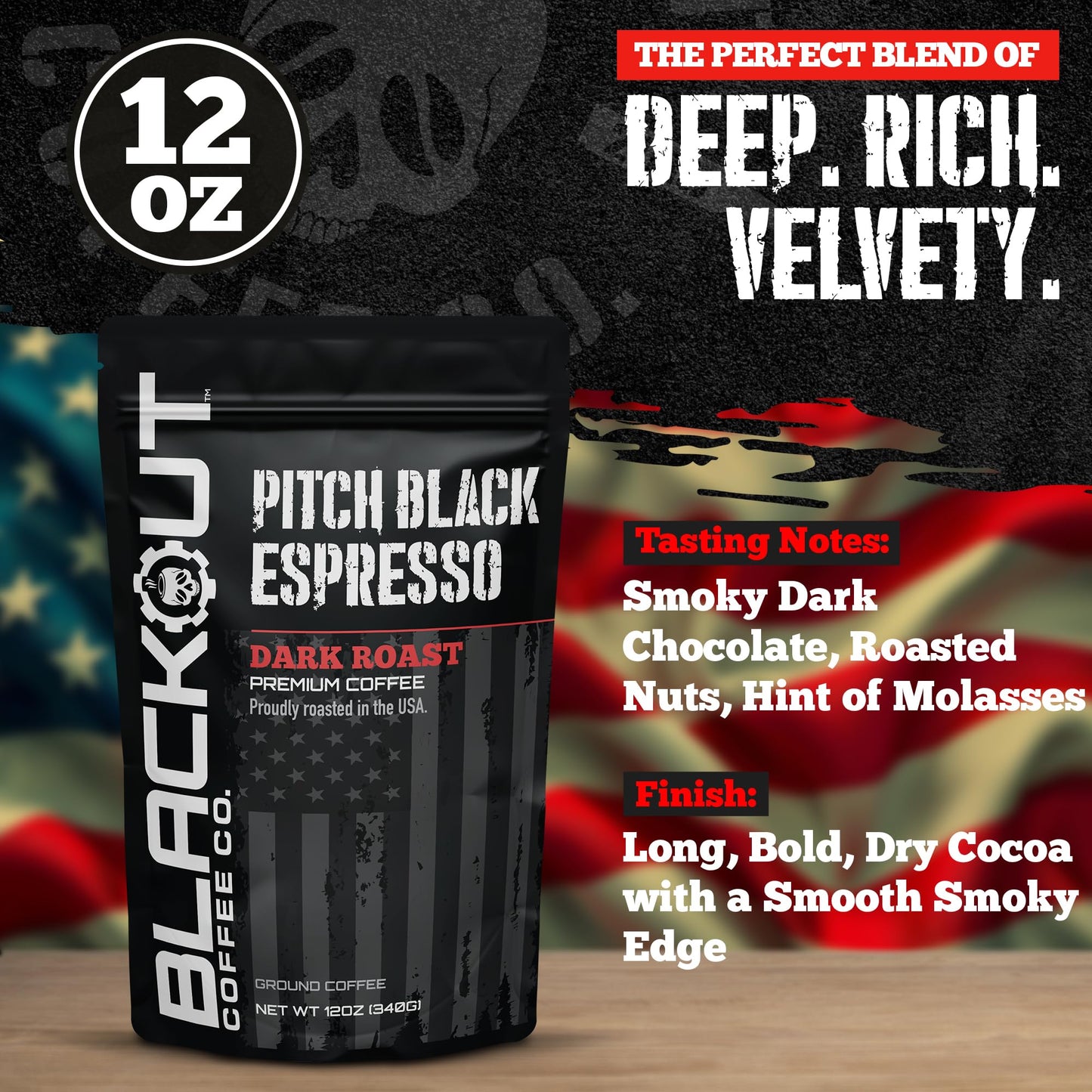 Blackout Coffee Pitch Black Espresso Ground Coffee - Extra Dark Roast, European-Style, Bold & Aromatic - Freshly Roasted 12oz Bag.