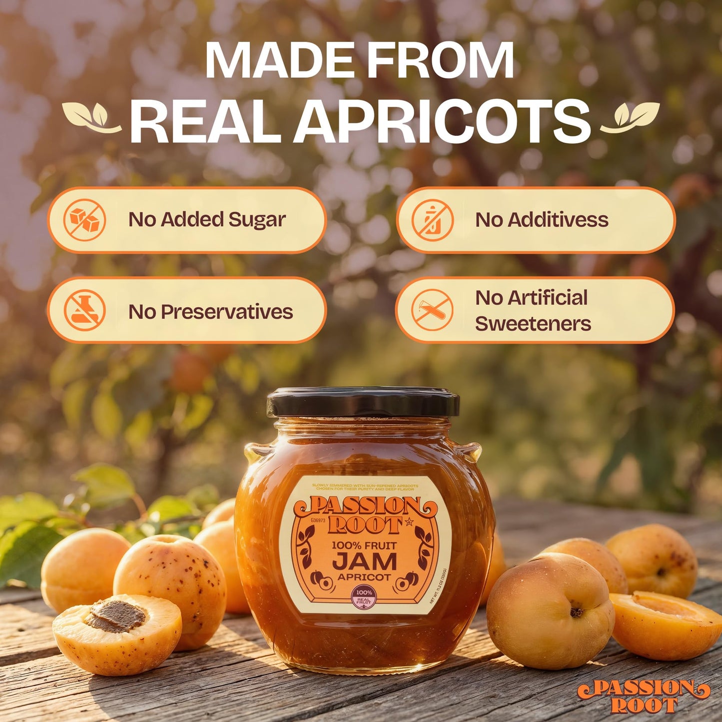 Passion Root Apricot Jam | All Natural Apricot Preserves with Real Fruit | No Added Sugar, No Preservatives, Non GMO, Gluten Free, Kosher Certified |