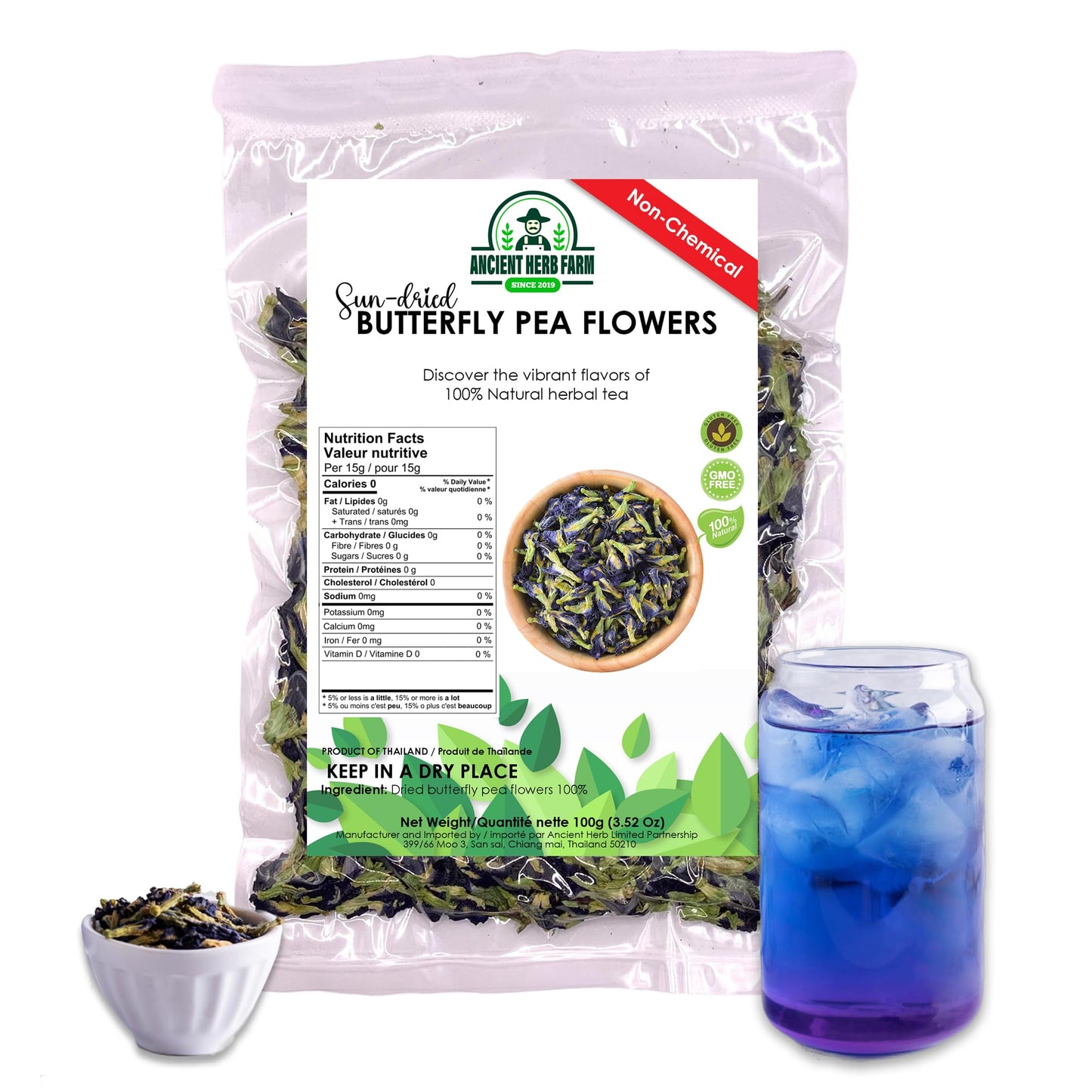 Butterfly Pea Flowers (100+ cups) - Natural Blue Tea, Color Changing Herbal Flower, Non-GMO, Caffeine-Free, Premium Dried Clitoria Ternatea