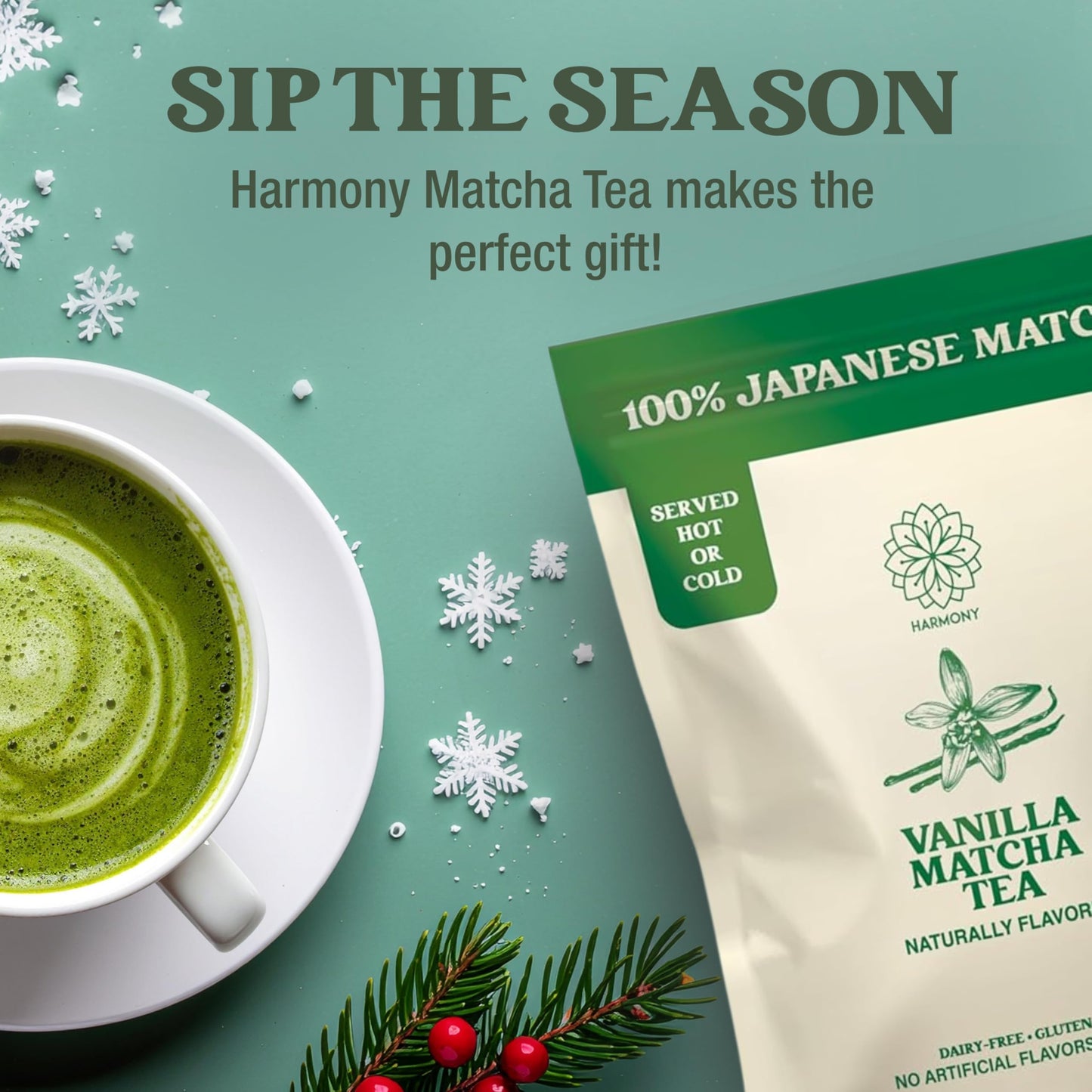 The Harmony Matcha Vanilla (7.05oz Bag - 20 Servings) Premium Sweetened Japanese Matcha Powder, Rich in Antioxidants & L-Theanine, Dairy, Gluten