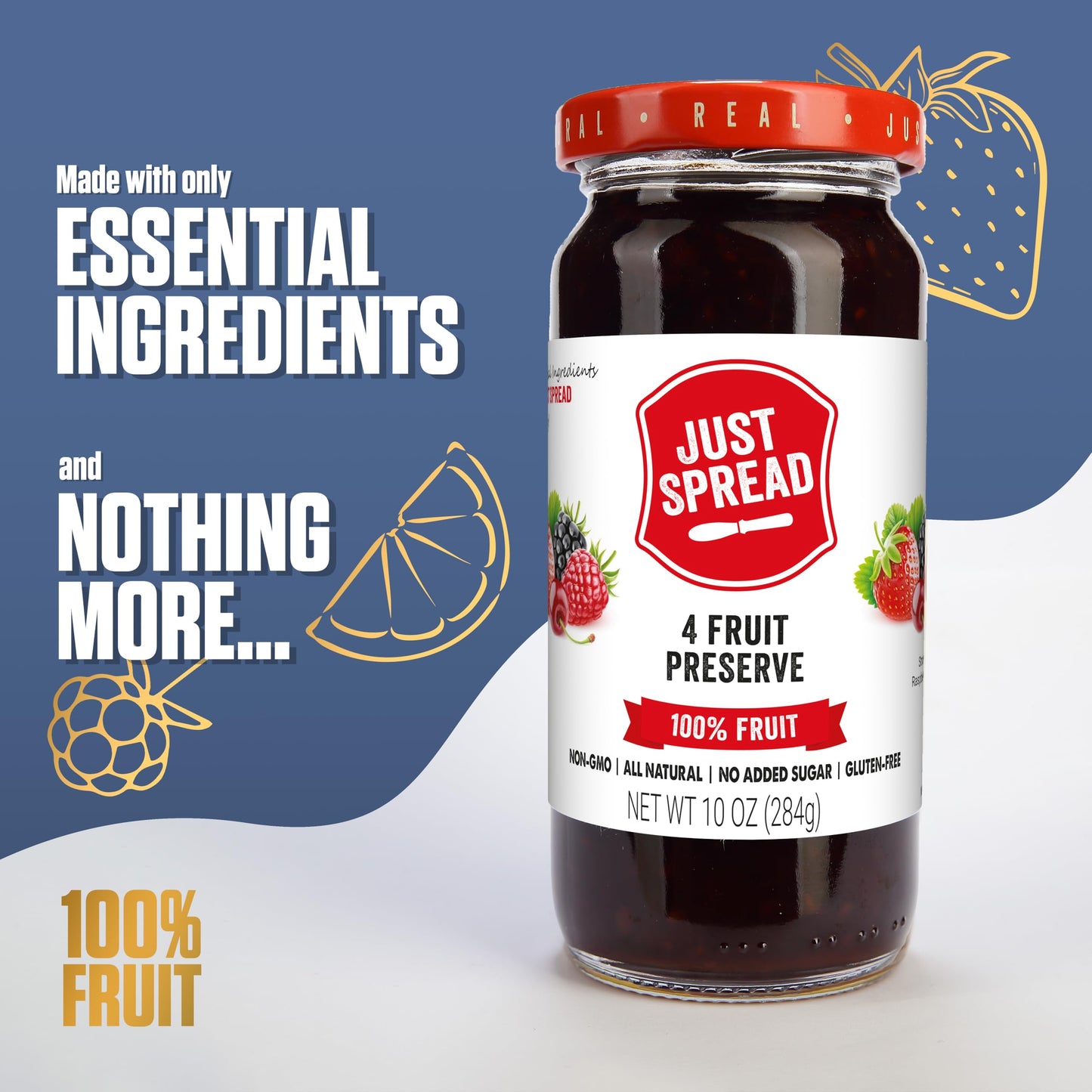 Just Spread 100% Fruit Preserve | Made with Real Fruit Pieces & Only 4 Ingredients | Gluten Free, Vegan, Non GMO, No Added Sugar | 10oz Jar (4 Flavor