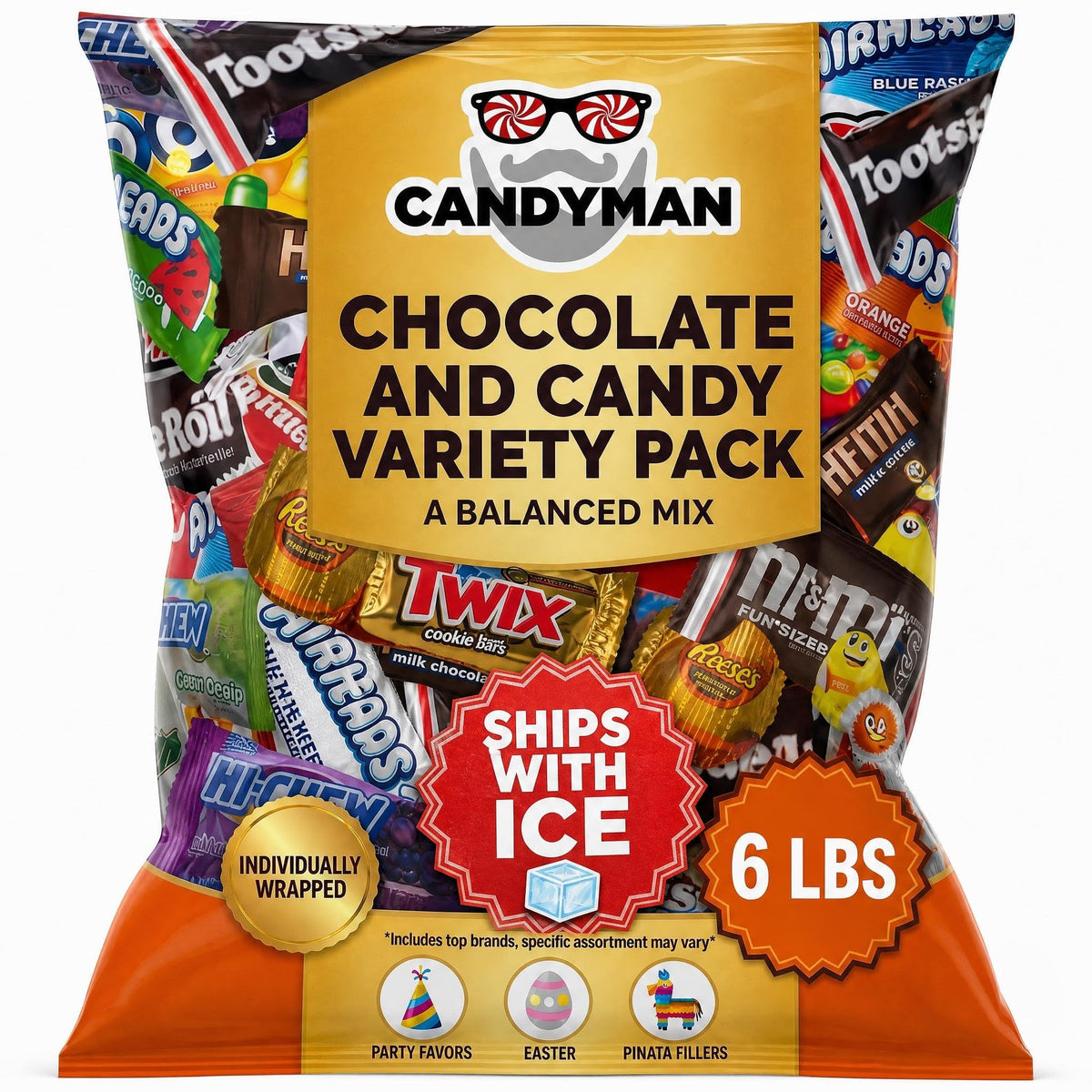 CANDYMAN (6 LB) Chocolate & Candy Bundle with Mixed Individually Wrapped Treats, Fun and Mini Sized Chocolate and Candy for Parties, Ship with Ice