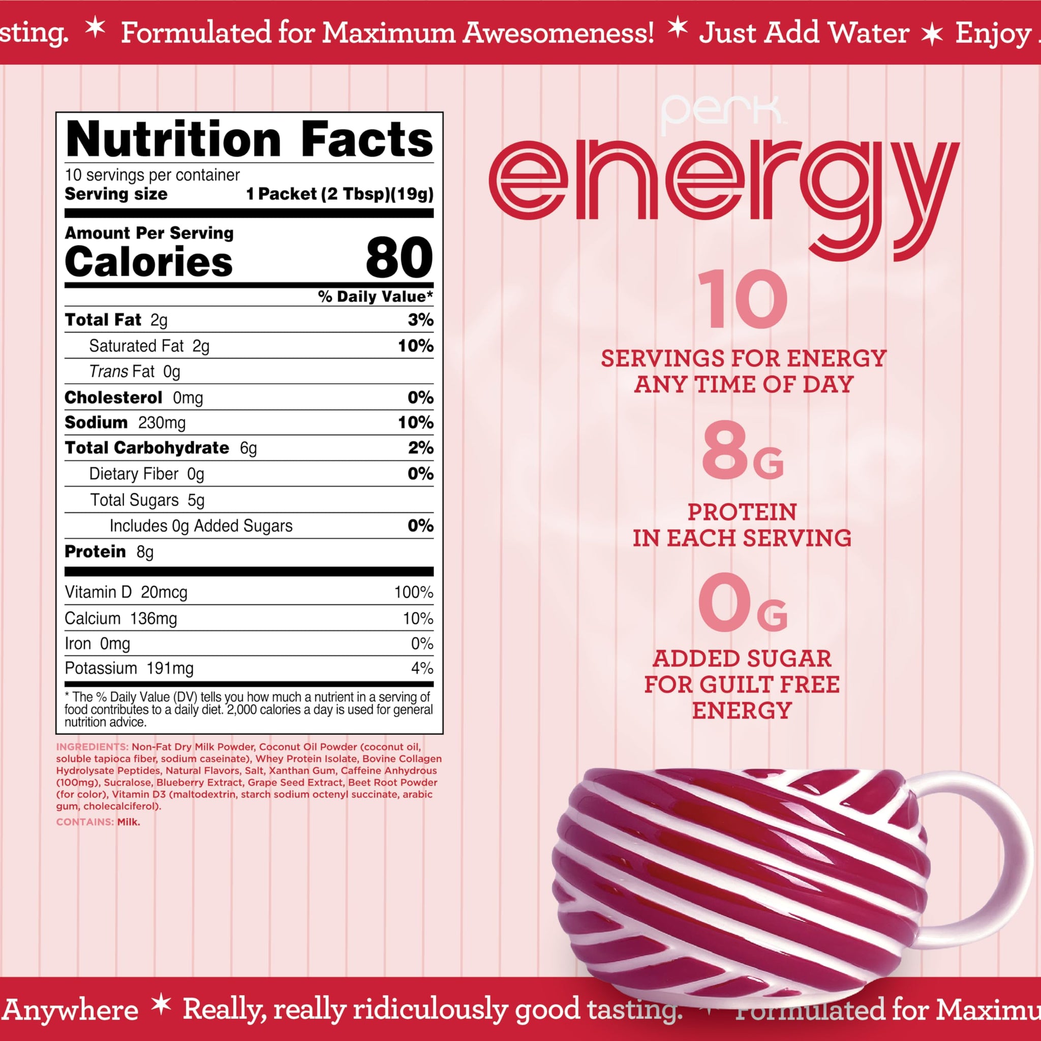 Perk Energy Drink Mix (White Chocolate Peppermint Pretzel) 10 Stick Packs - Caffeinated Healthy Coffee Alternative with Protein, 100mg of Caffeine