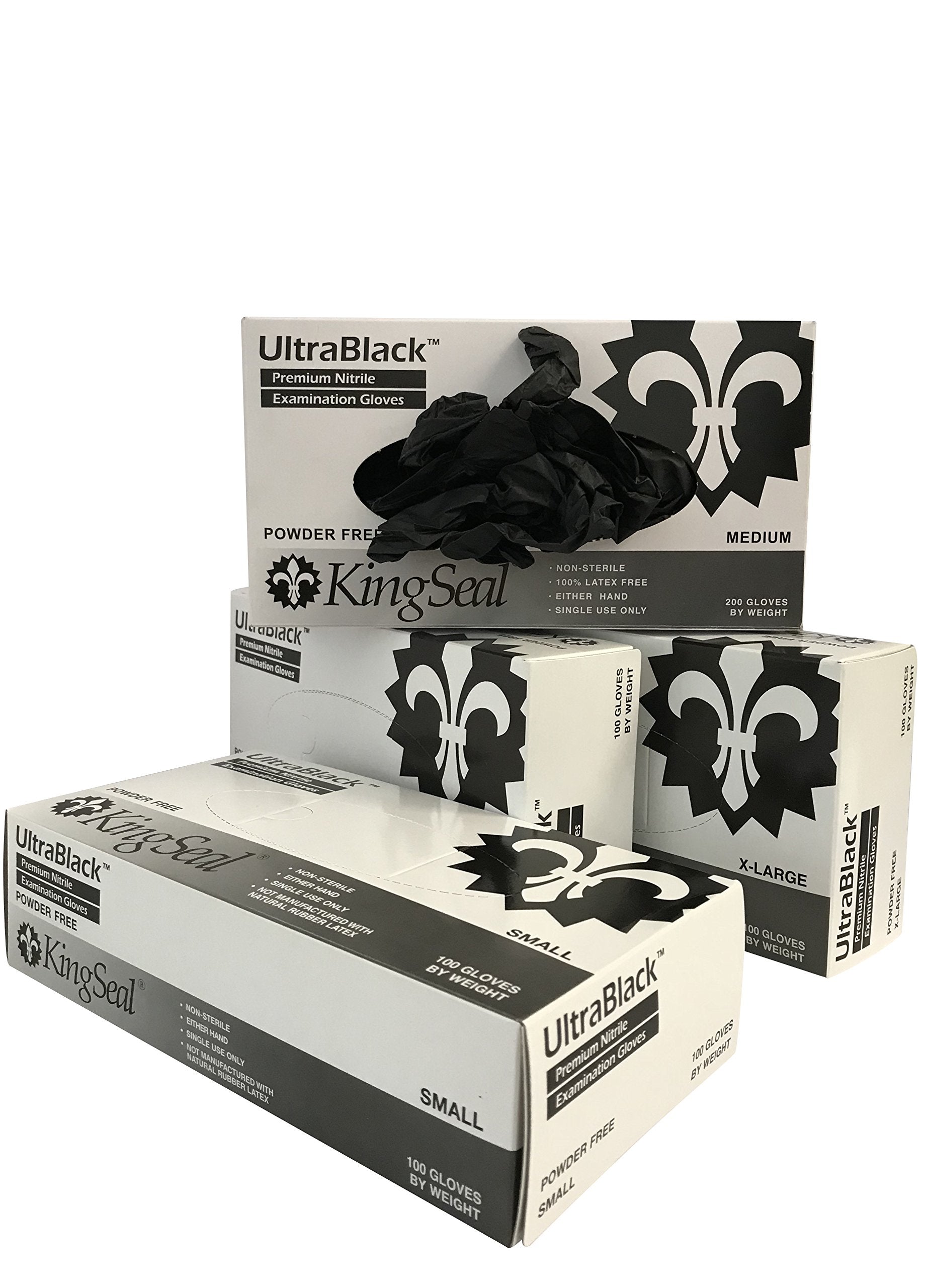 KingSeal UltraBlack X-LARGE Textured Medical Grade Nitrile Gloves, Black, Powder Free, 4 Mils - 4 Boxes of 100 Gloves by Weight (400 Count)
