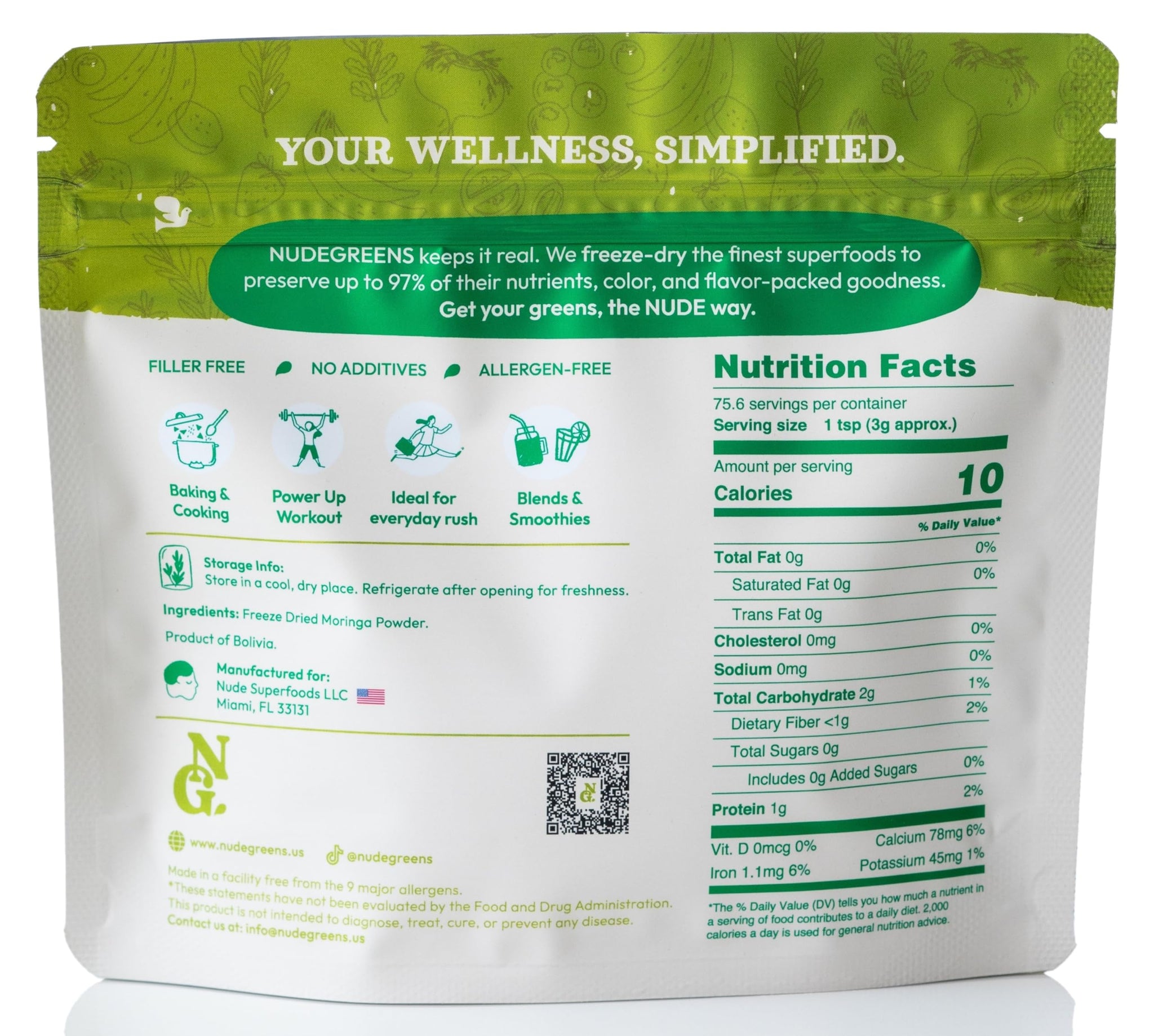 NUDEGREENS Freeze-Dried Moringa Leaf Powder | Rich in Antioxidants, Immune Vitamins, Minerals & Plant Protein | Perfect for Moringa Tea, Moringa Drink