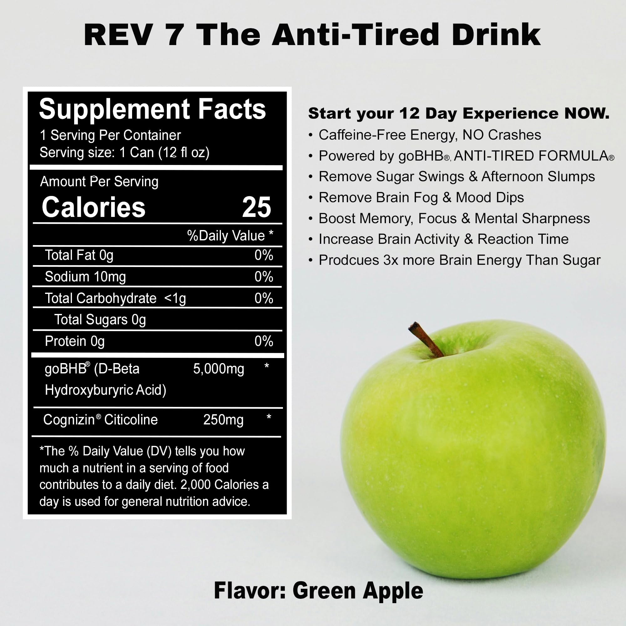REV7 Anti-Tired Drink! Caffeine Free, Zero Sugar, Powered by goBHB, Ketones, Green Apple - 12ct