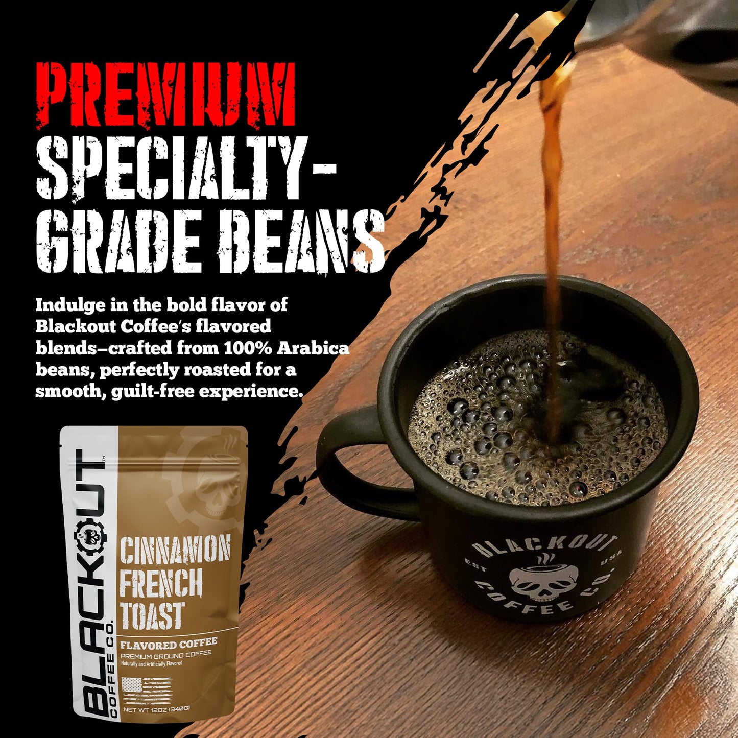 Blackout Coffee Cinnamon French Toast Flavored Ground Coffee - Medium Roast, Smooth Taste, Guilt-Free Indulgence - Freshly Roasted 12oz Pouch