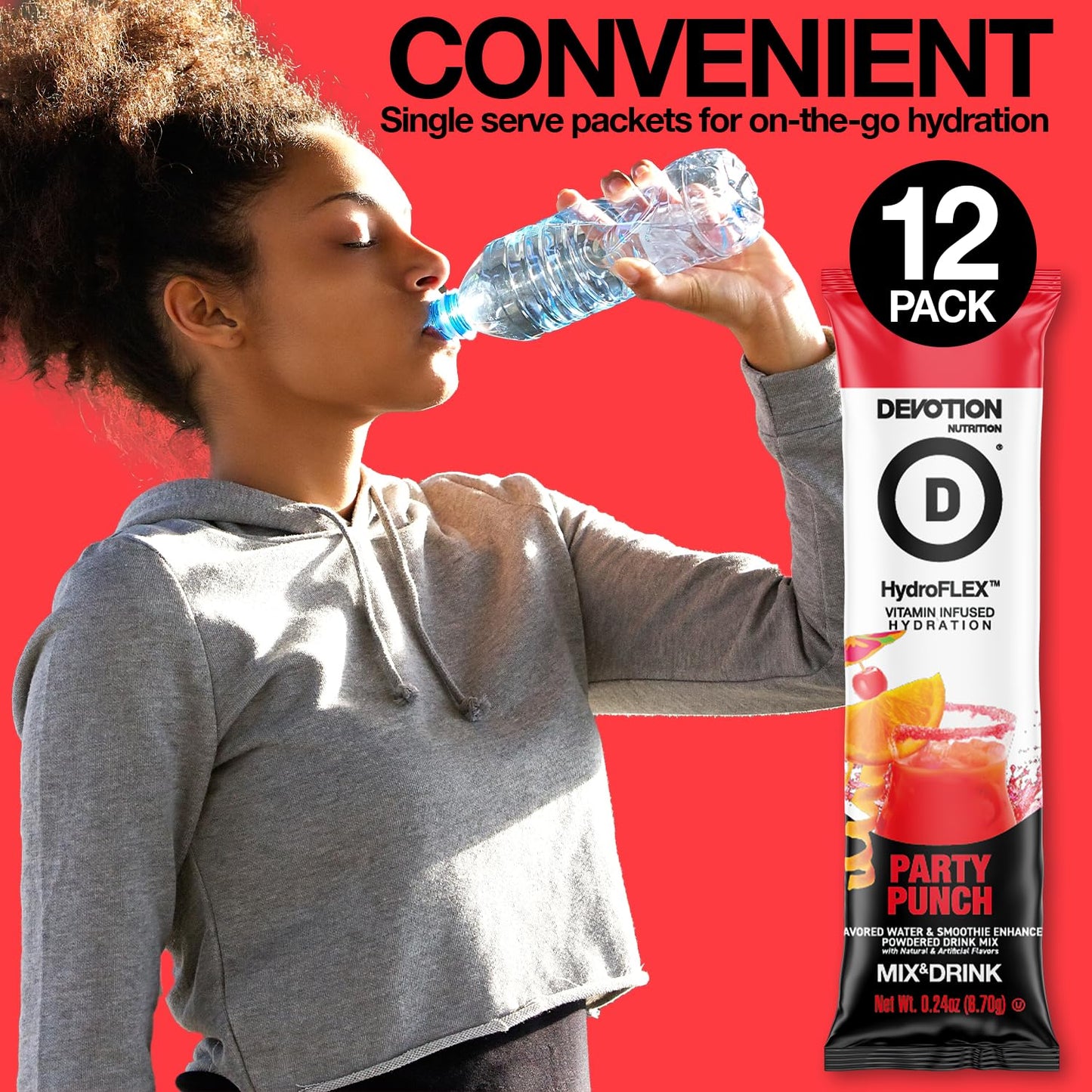 Devotion Nutrition HydroFLEX Water Flavoring Packets - Sugar-Free Hydration with Vitamins & Electrolytes - Dye-Free, Gluten-Free (Party Punch) 12-Pack