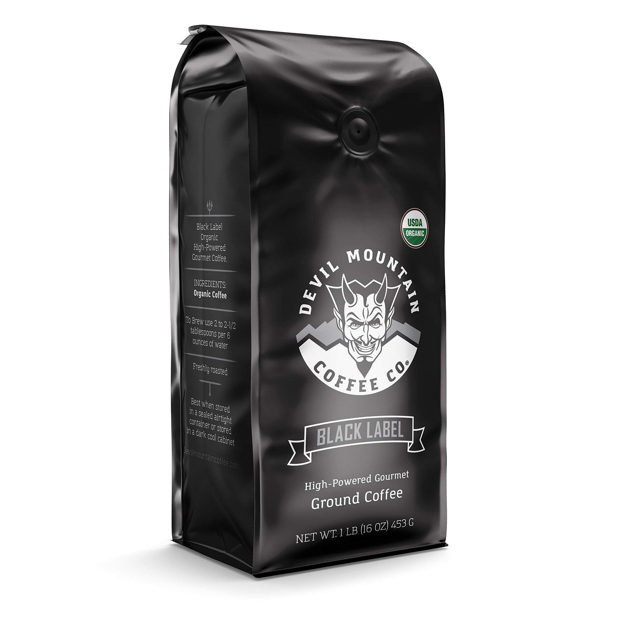 Devil Mountain Coffee Black Label Dark Roast Ground Coffee, Strong High Caffeine Coffee Grounds, USDA Organic, Fair Trade, Gourmet Artisan Roasted