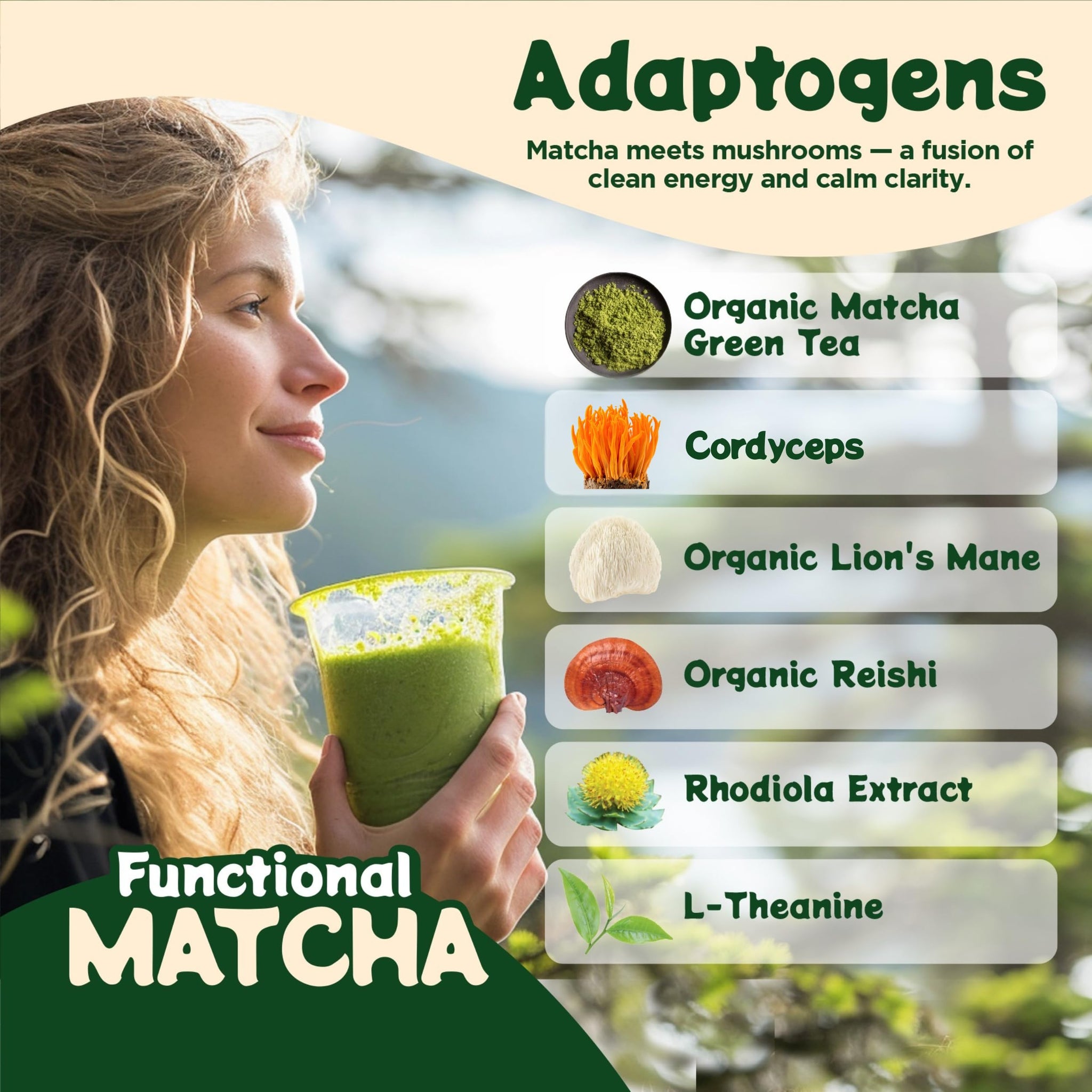 Melting Forest Mushroom Matcha Powder with 7 Functional Mushrooms, Reishi & Lion’s Mane, Adaptogen Blend (30 Servings)
