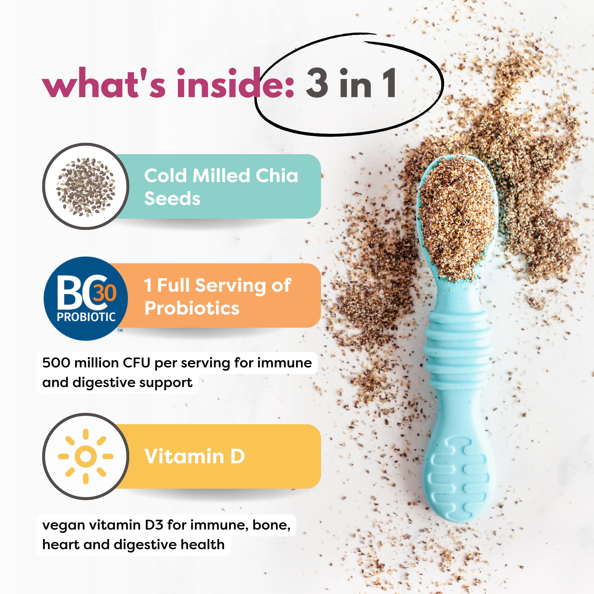 Tiny Sprouts Organic Milled Chia Seeds + Full Serving Probiotic with Vitamin D3 - Kids Superfood Nutrition Booster I Plant-Based Omega-3, Prebiotic