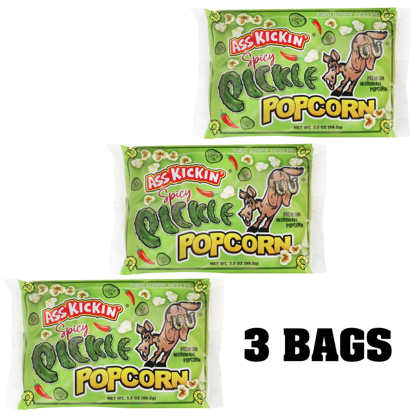 ASS KICKIN' Spicy Pickle Microwave Popcorn Bags - 3 Packs - Ultimate Spicy Pickle Gourmet Popcorn Gift - Makes a Great Movie Theater Popcorn or Snack