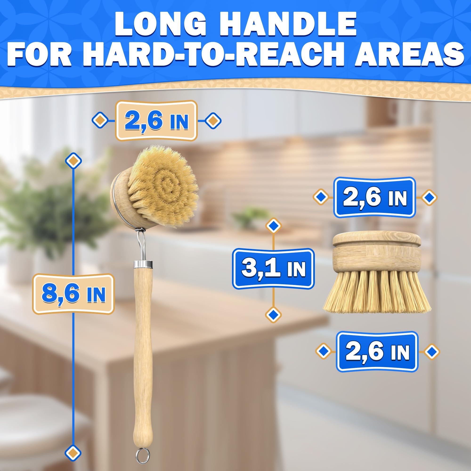 5 Pcs Bamboo Dish Brush Set - Bamboo Dish Scrubber with Soft & Stiff Non-Scratch Bristles, Ergonomic Handle, Replacement Head Included - Lightweight