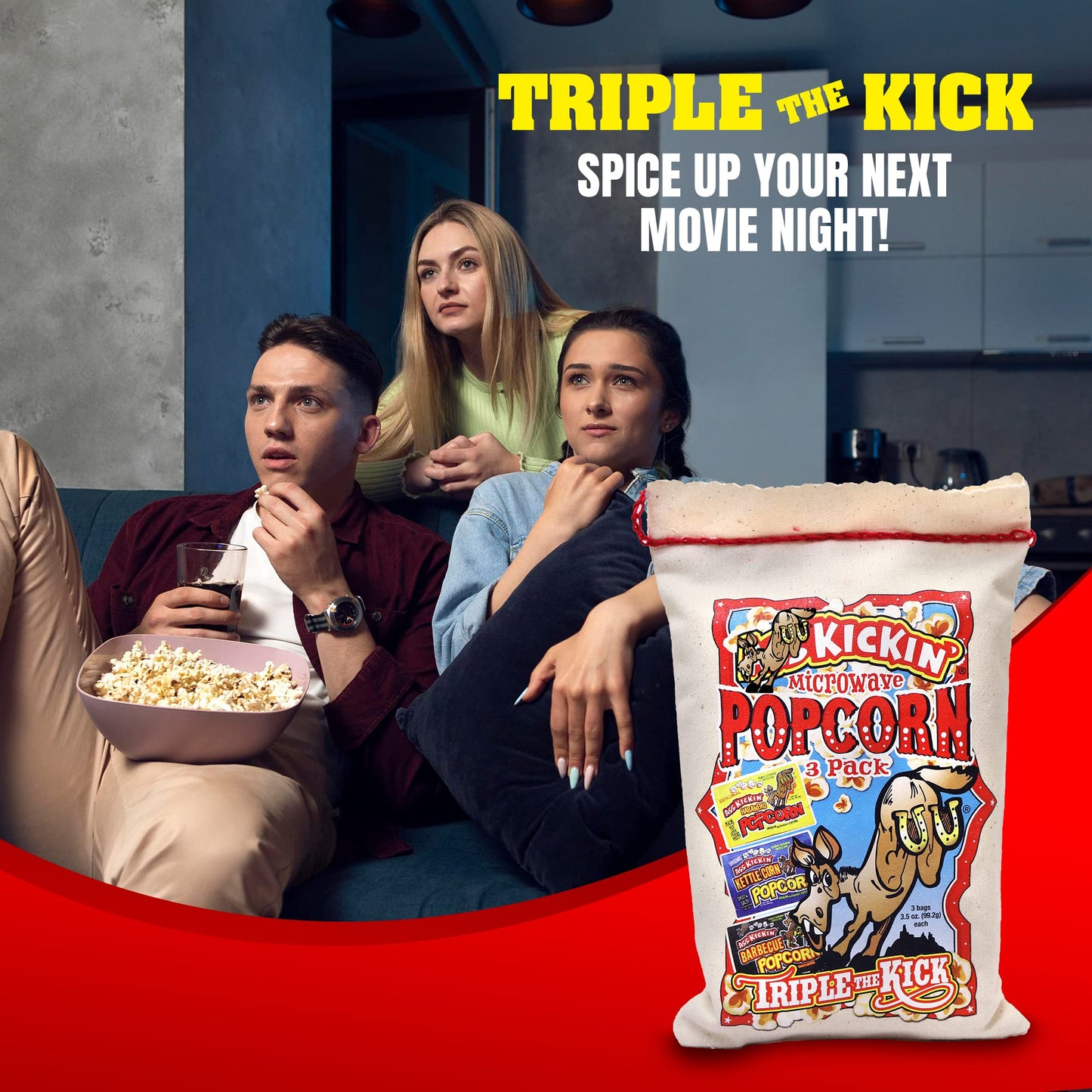 KICKIN’ Premium Microwave Popcorn - Popcorn Variety Pack (3) in Canvas Bag - Ultimate Sweet and Spicy Gourmet Gift - Makes a Great Movie Theater