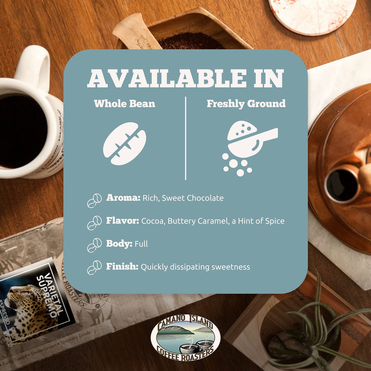 Camano Island Coffee Roasters Varietal Supremo Espresso Blend, Ground 12oz, Fresh Dark Roast, USDA Organic, Fairly Traded, Shade Grown Arabica