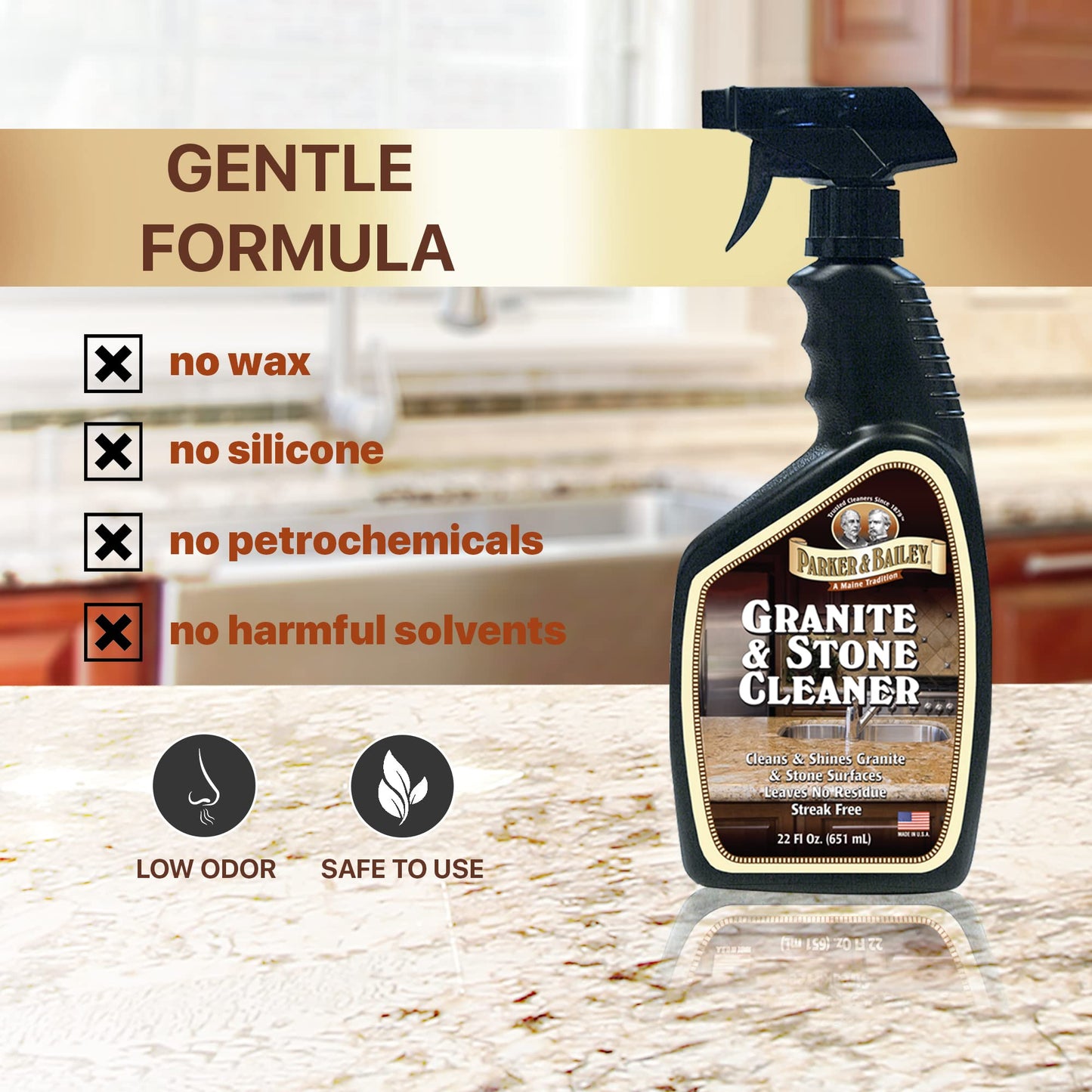 Parker & Bailey Granite & Stone Cleaner - Countertop Kitchen Island Cleaning Spray Marble Tile Slate Quartz Daily Bathroom Counter -White, 24 Oz