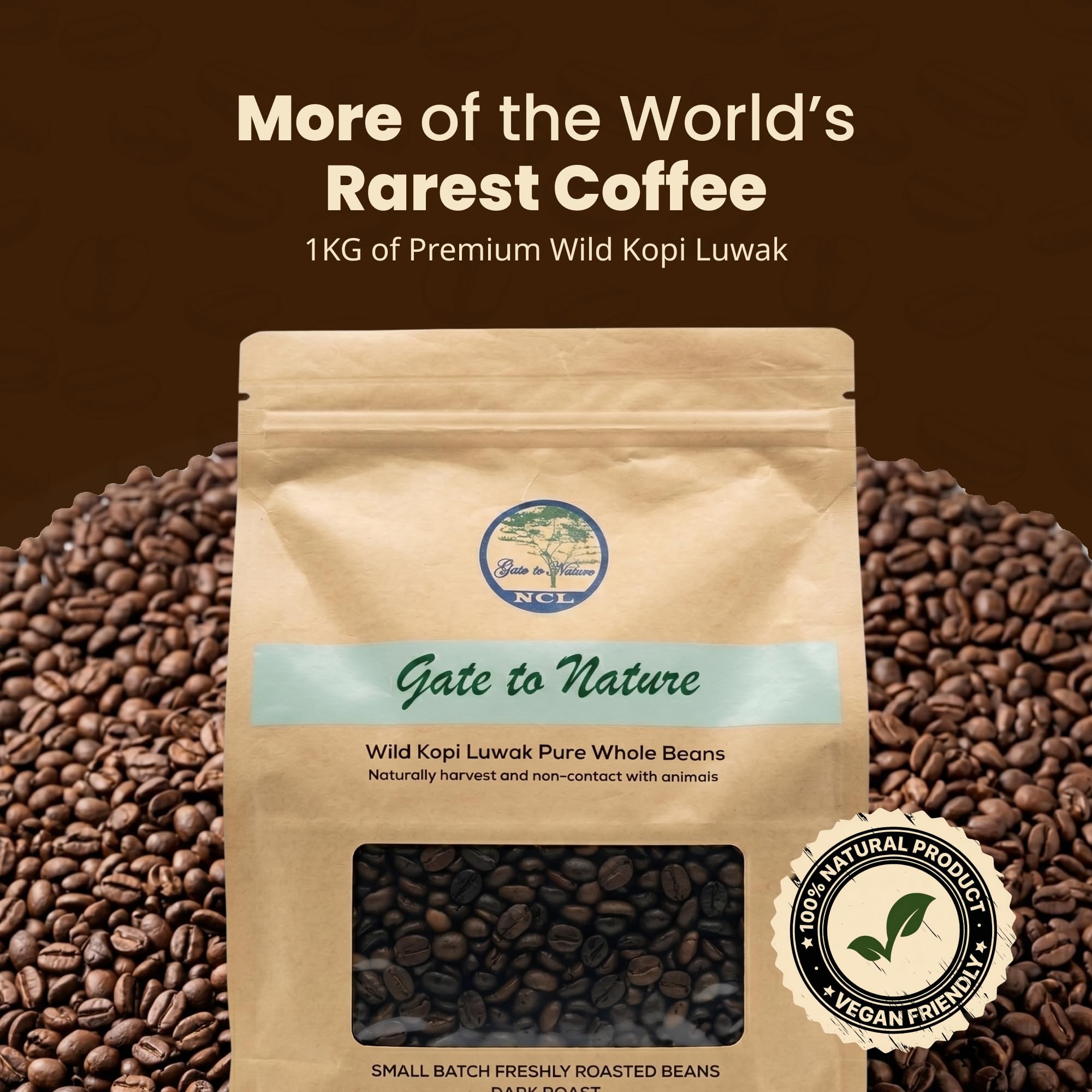 Gate to Nature Wild Kopi Luwak Whole Beans (1kg), Civet coffee luxury Kopi Luwak Coffee Gifts - Sourced from the best regions of Vietnam Ethically