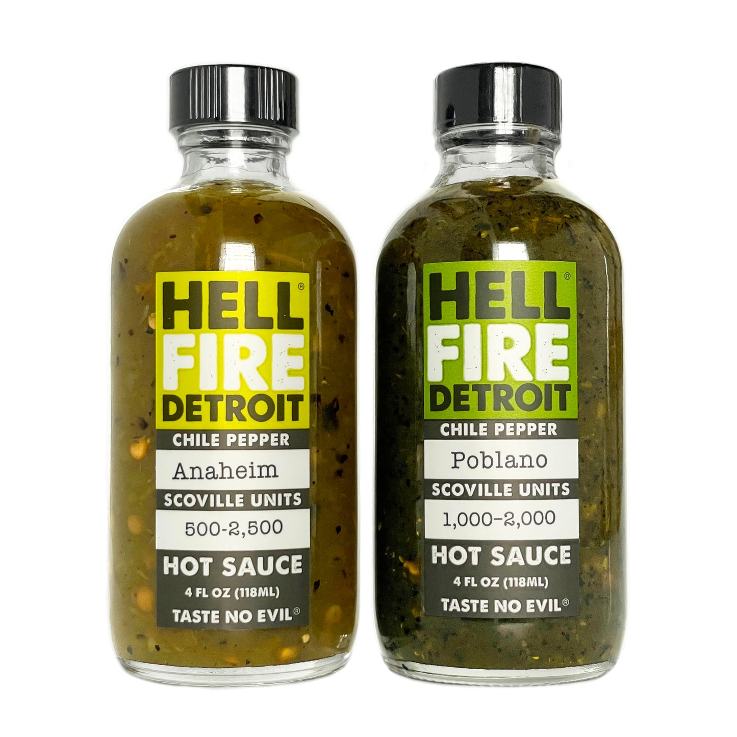 Hell Fire Detroit Anaheim & Poblano Combo (Mild) Hot Sauce, Crafted with Fresh, Fire-Roasted Chile Peppers, All-Natural, Vegan, Gluten-Free, Low