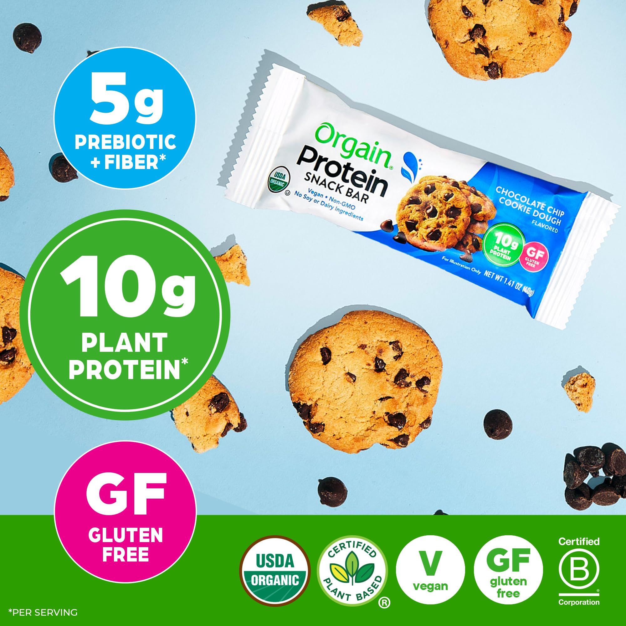Orgain Organic Vegan Protein Bars, Chocolate Chip Cookie Dough - 10g Plant Based Protein, Low Calorie Healthy Snacks, No Lactose or Soy Ingredients