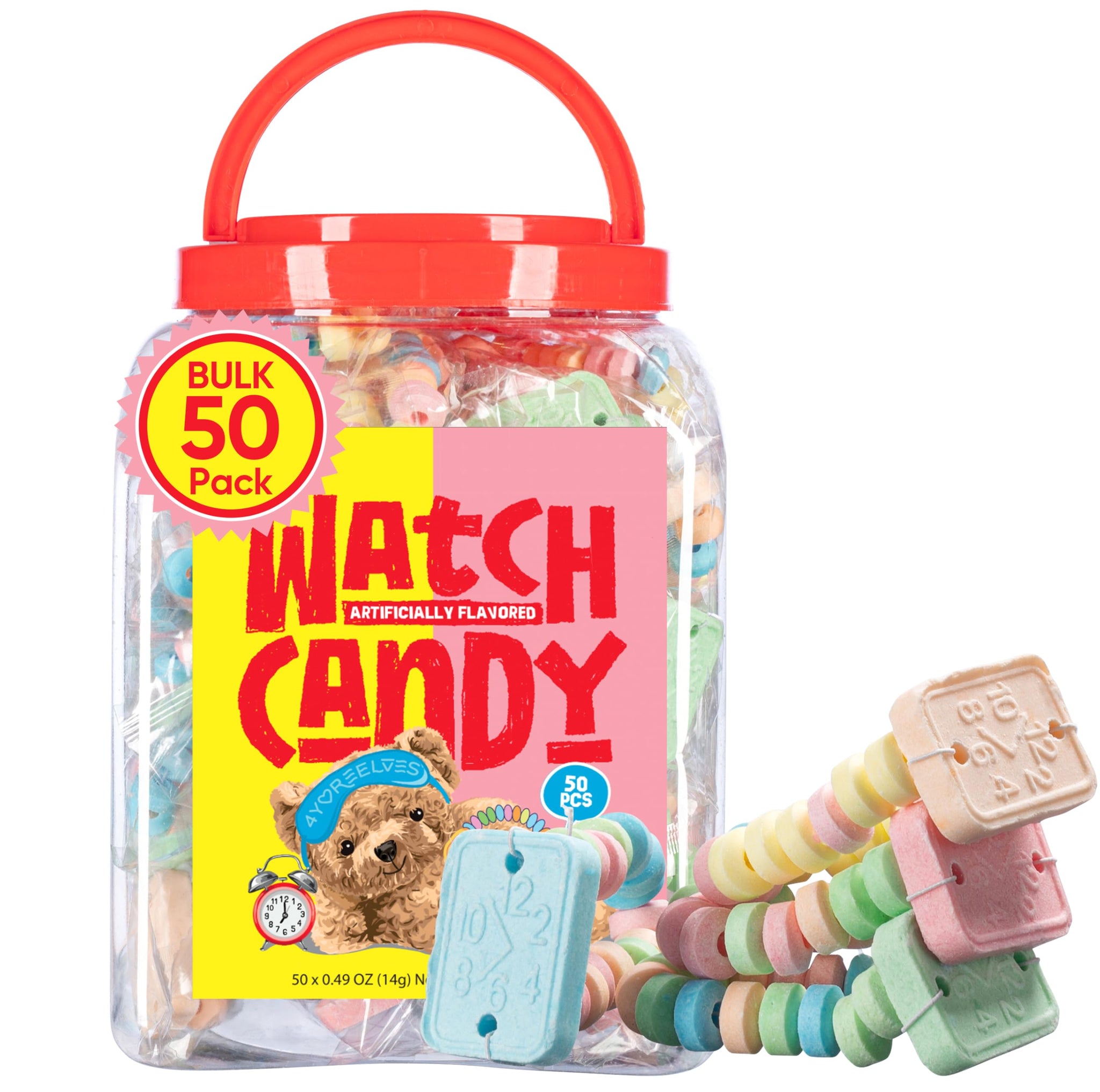 50 Candy Bracelet Watches, Nostalgic Candy Jewelry Individually Wrapped, Delicious and Perfect for Party Favors, Goody Bags and Birthdays, by