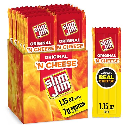 Slim Jim Beef 'N Cheese Smoked Meat Sticks, Original Flavor, 7g Protein Per Serving, 1.15 oz. (14 Count)