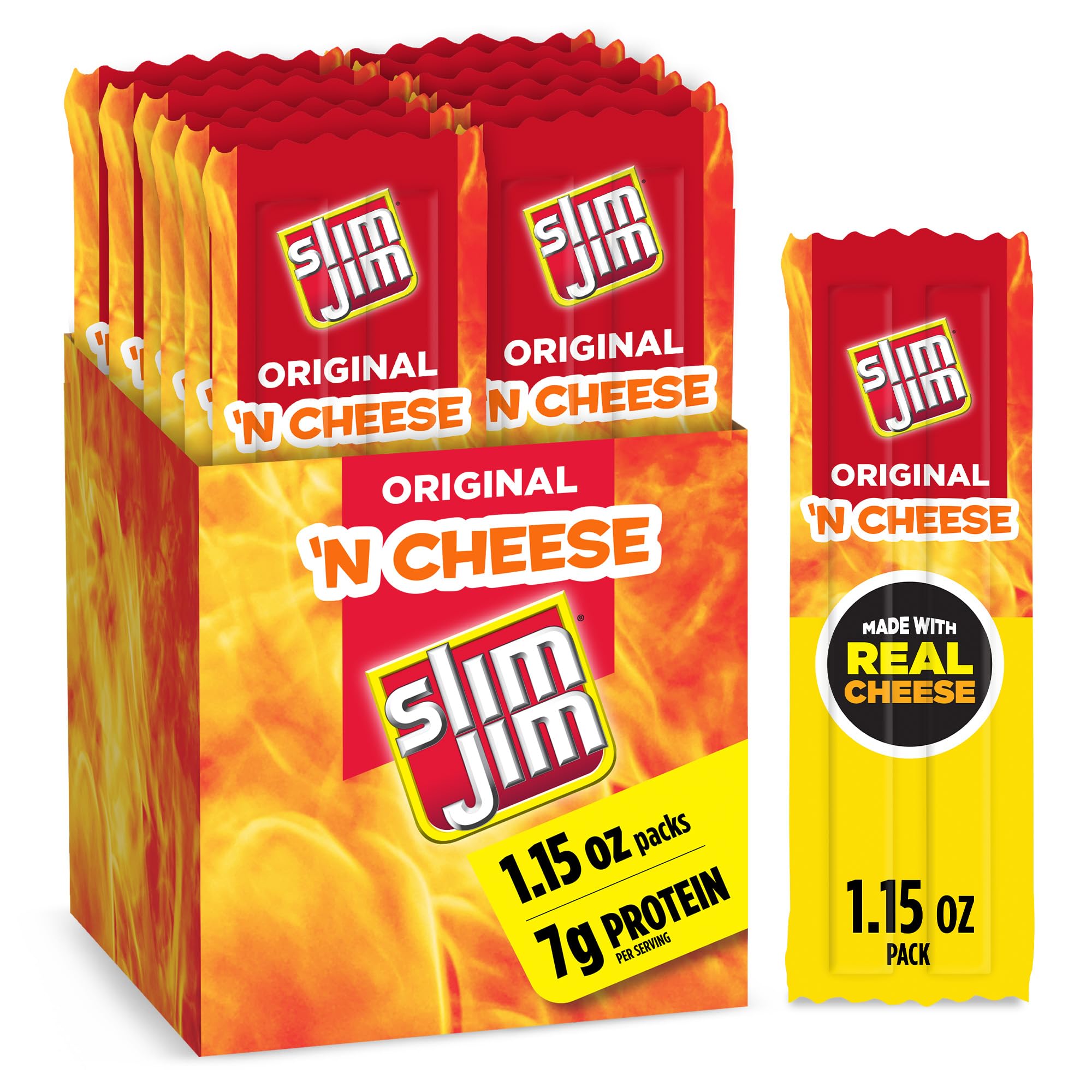 Slim Jim Beef 'N Cheese Smoked Meat Sticks, Original Flavor, 7g Protein Per Serving, 1.15 oz. (14 Count)