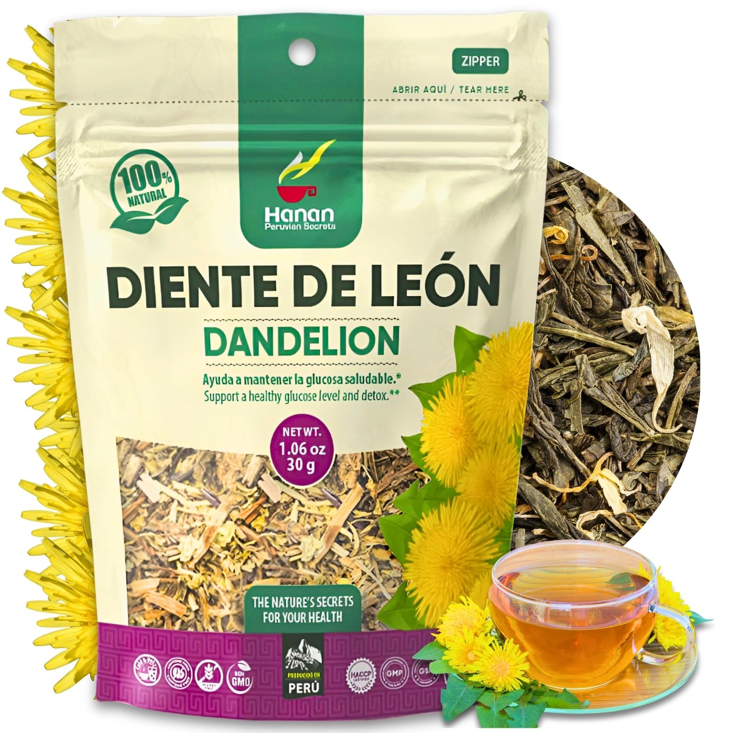Hanan Dandelion Root Tea Loose Leaf - 100% Natural Diente de León Herbal Tea from Peru, Caffeine-Free Infusion for Digestive Support, Detox, Dried