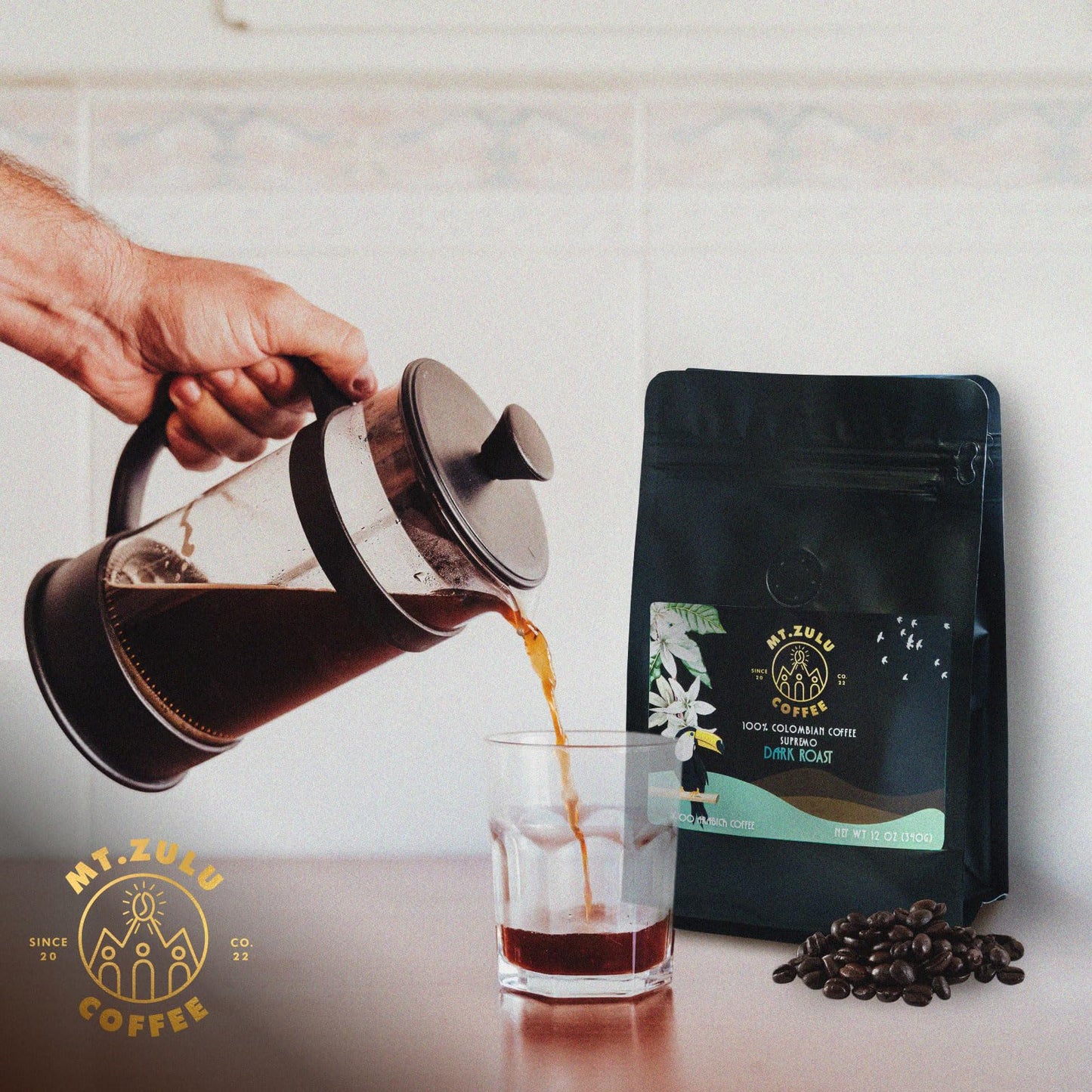 Mt. Zulu Colombian Supremo Dark Roast Coffee - Whole Bean, Single Origin from Caldas, Bold & Smooth, Low Acid, Artisanally Roasted - 12 oz Bag