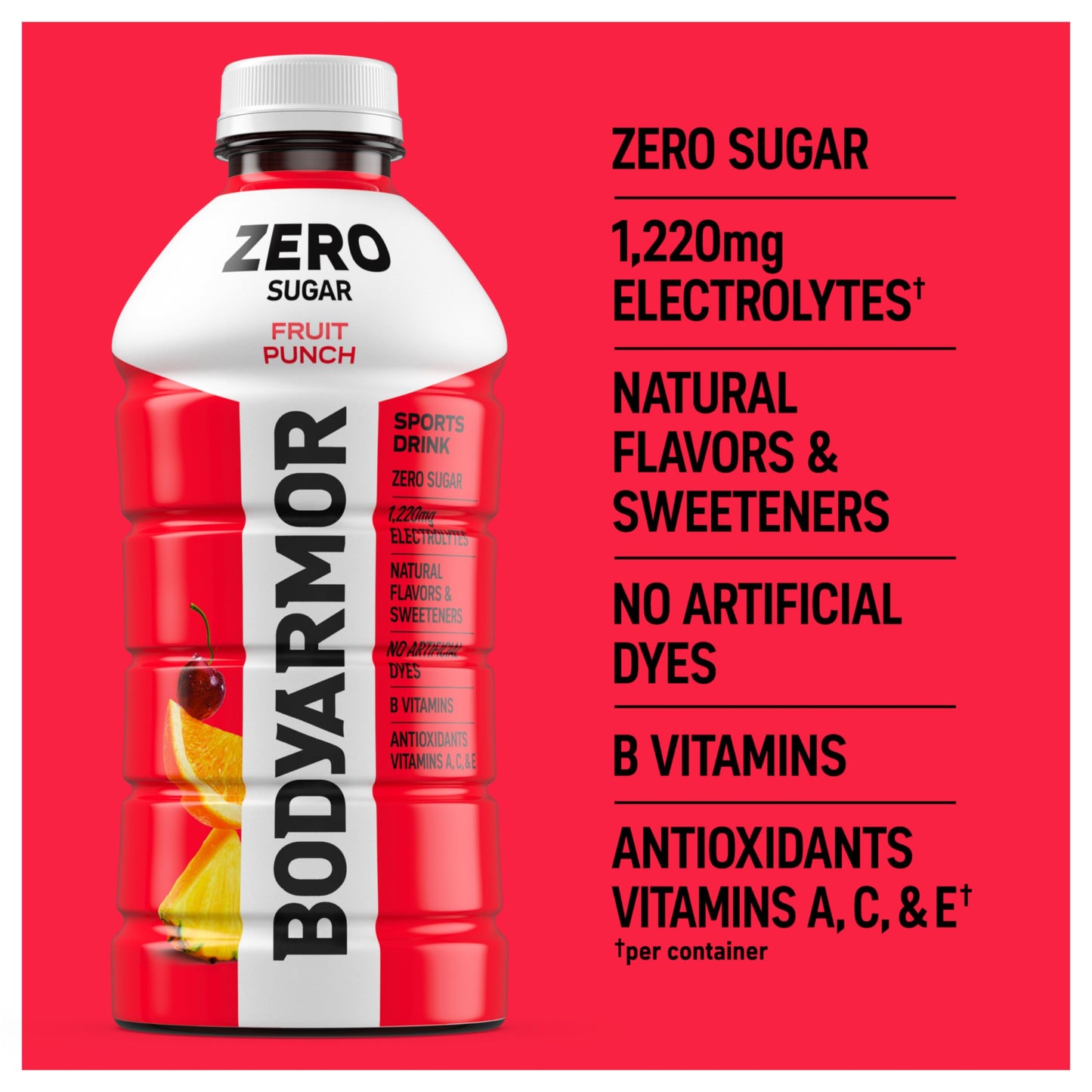 BODYARMOR ZERO Sugar Fruit Punch Electrolyte Drink, Natural Flavors, 28 Fl Oz Bottles (15 Pack), B Vitamins & Antioxidants Sugar Free Hydration