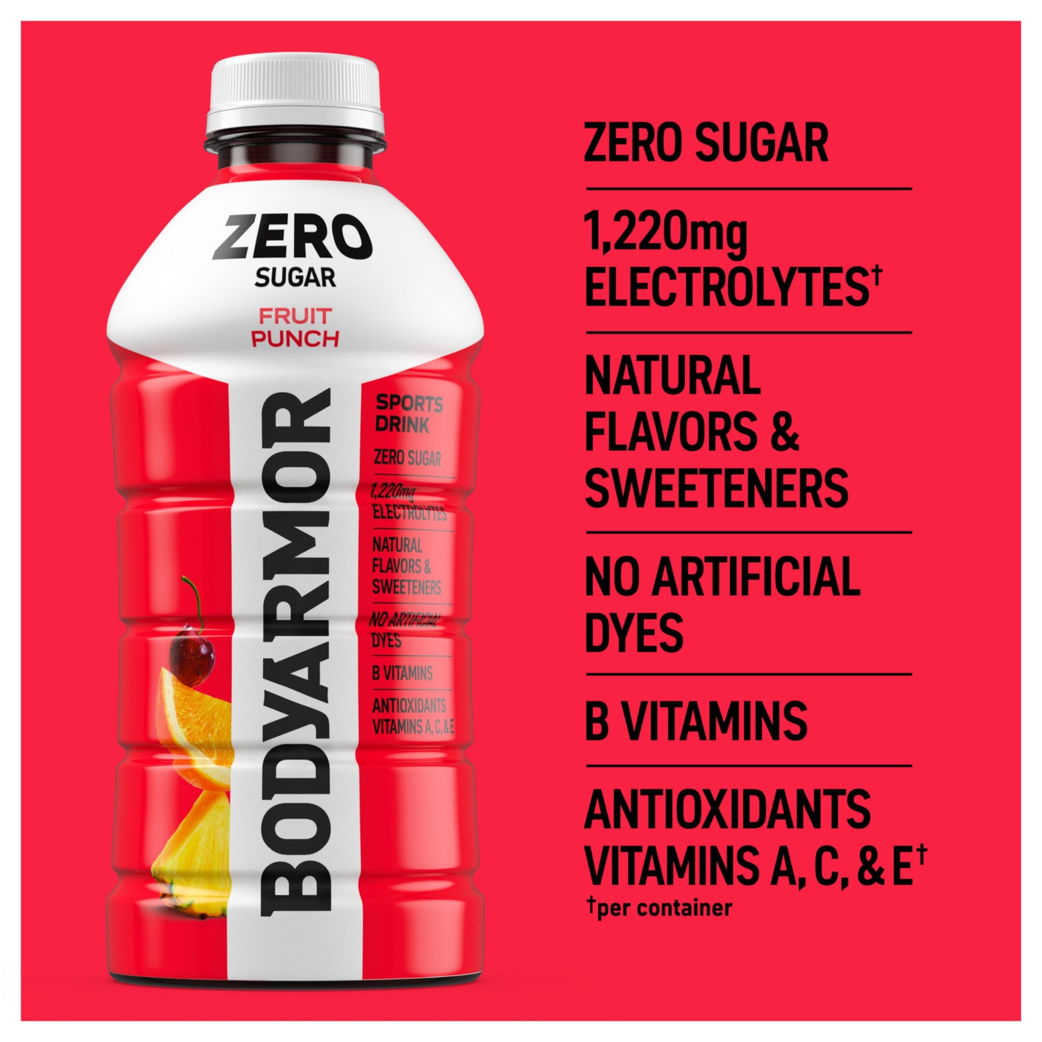 BODYARMOR ZERO Sugar Fruit Punch Electrolyte Drink, Natural Flavors, 28 Fl Oz Bottles (15 Pack), B Vitamins & Antioxidants Sugar Free Hydration