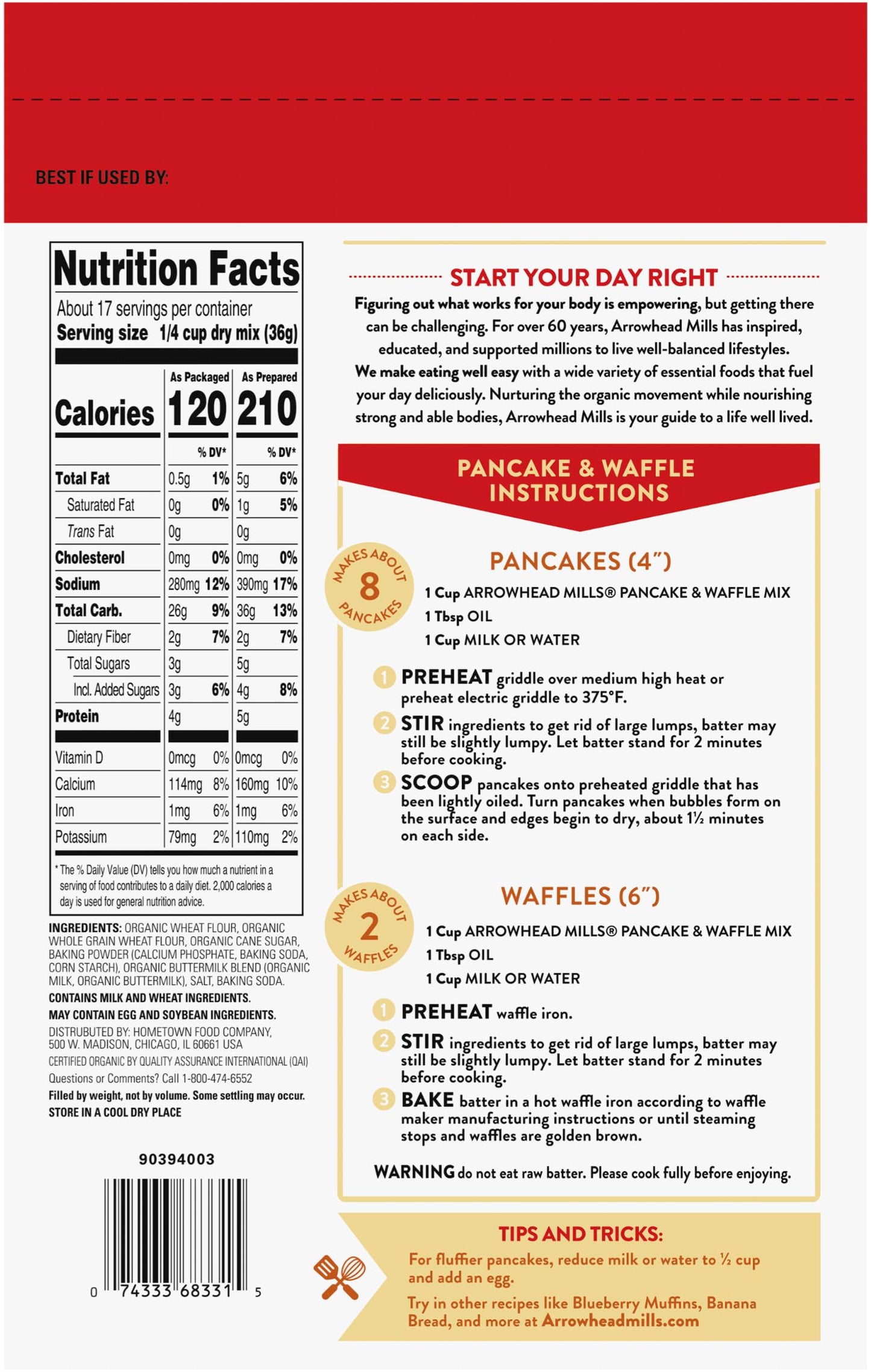Arrowhead Mills Buttermilk Pancake & Waffle Mix, 22 oz Bag