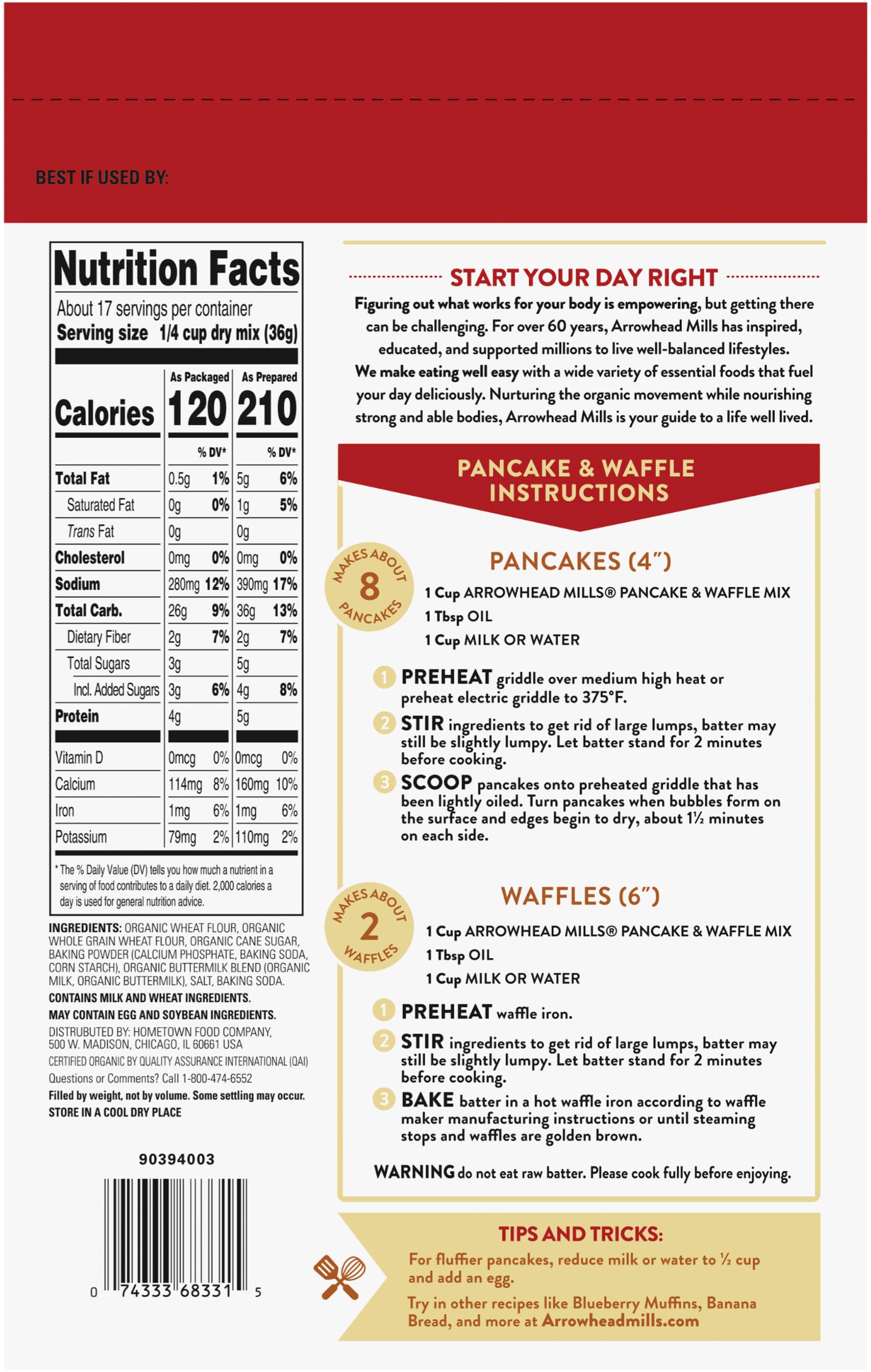 Arrowhead Mills Buttermilk Pancake & Waffle Mix, 22 oz Bag