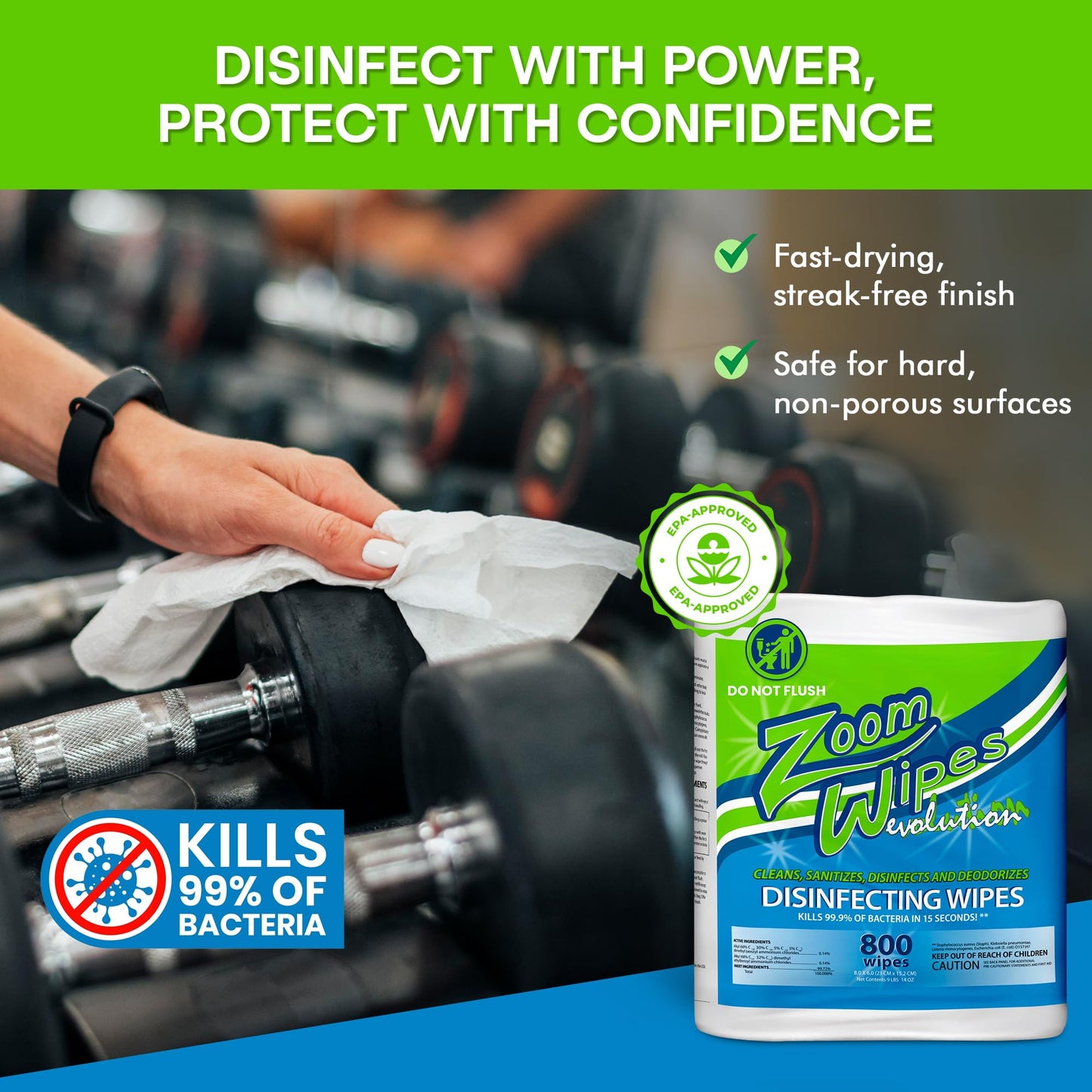 Zoom Wipes Gym Cleaning Wipes Refill - 4 Rolls (800 Wipes 3200 Total) - Commercial Disinfecting Surface Wipes for Fitness, Office, Schools