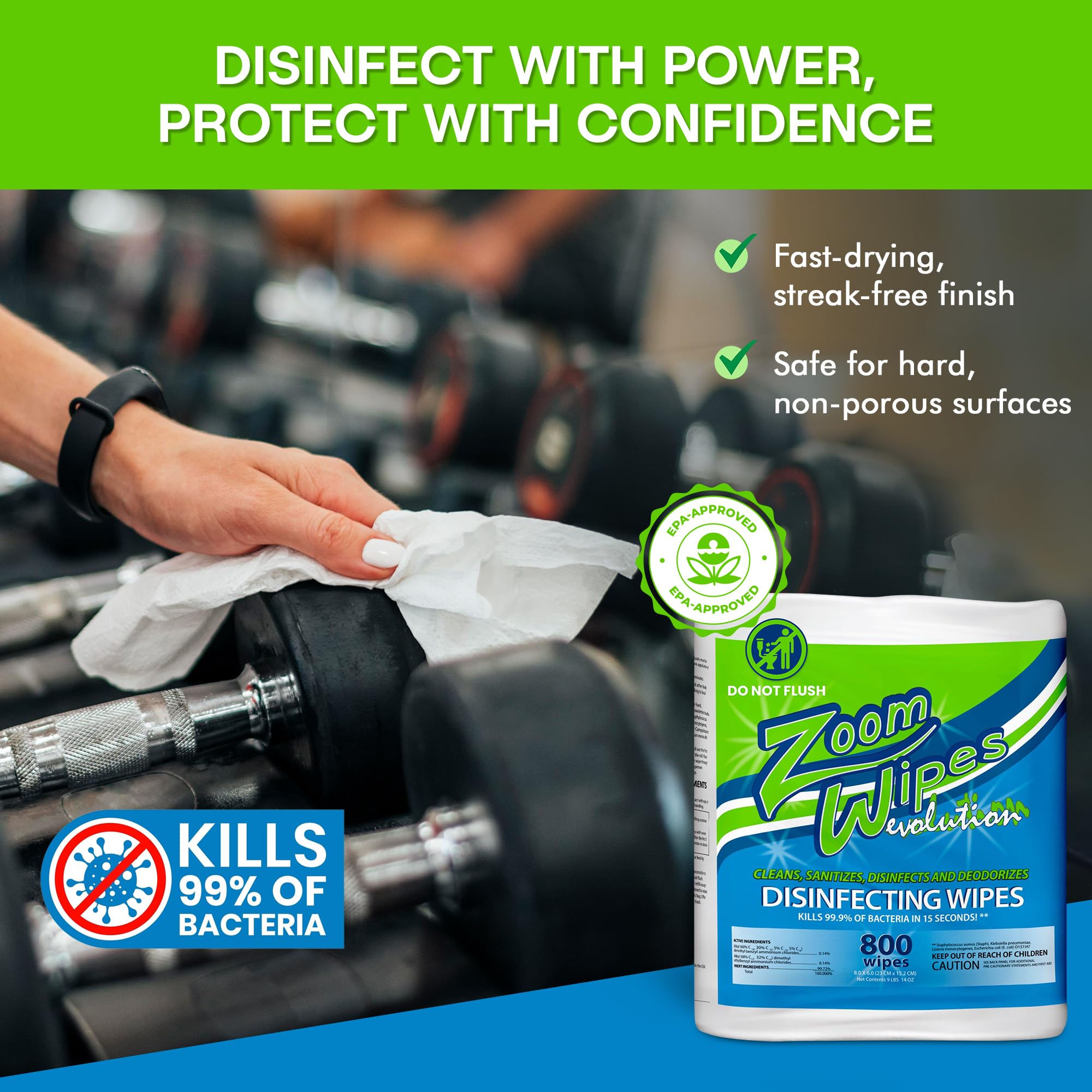 Zoom Wipes Gym Cleaning Wipes Refill - 4 Rolls (800 Wipes 3200 Total) - Commercial Disinfecting Surface Wipes for Fitness, Office, Schools