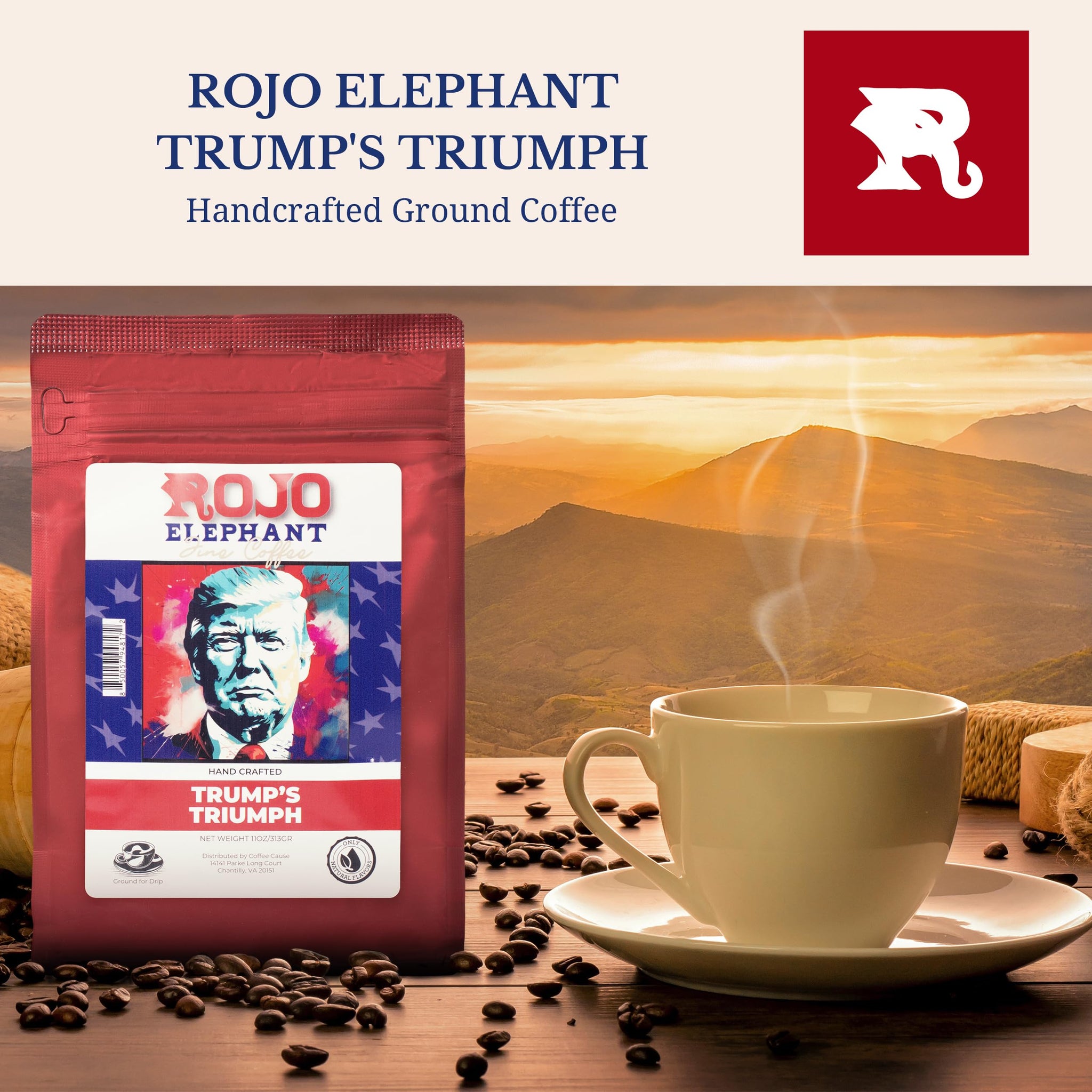 Rojo Elephant Trump's Triumph Handcrafted Ground Coffee, 100% Arabica Beans, Premium Medium-Dark Roast, Smooth, Rich Flavor, 11 oz Bag