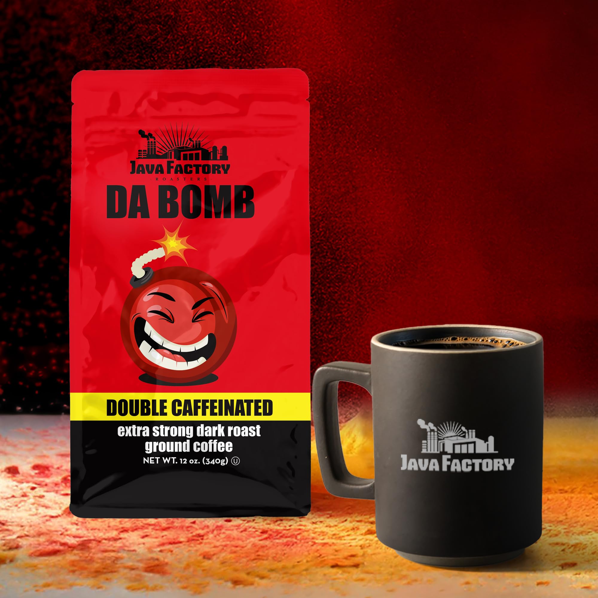 Java Factory High Caffeine Ground Coffee, Da Bomb Dark Roast, Double Caffeinated for a Bold, Strong Brew, 12 Ounce Bag, Perfect for French Press
