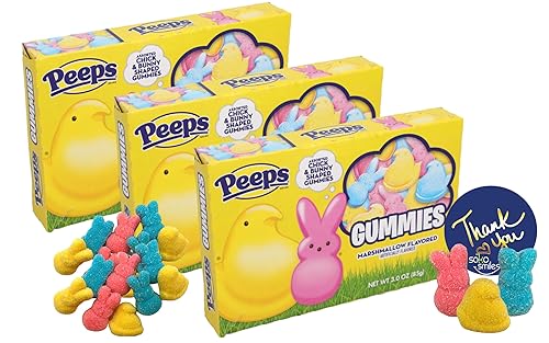 Peeps Gummies 3.0 oz Box (3 Pack) Bundle Assorted Chick & Bunny Shaped Gummies | Easter Egg and Basket Stuffers | Soko Smiles Thank You Sticker.