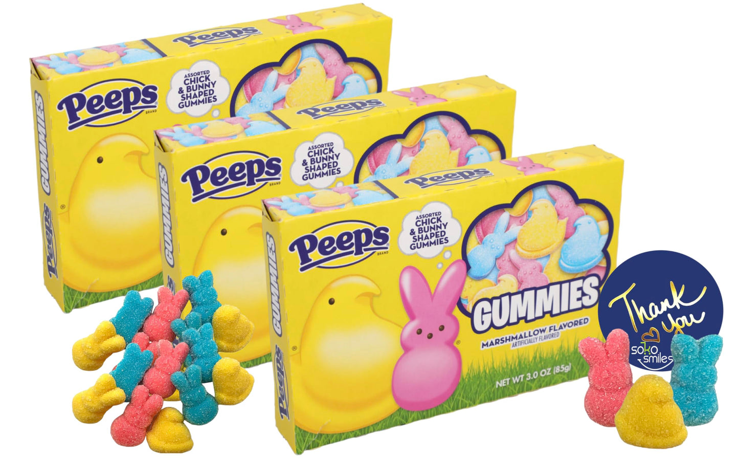 Peeps Gummies 3.0 oz Box (3 Pack) Bundle Assorted Chick & Bunny Shaped Gummies | Easter Egg and Basket Stuffers | Soko Smiles Thank You Sticker.
