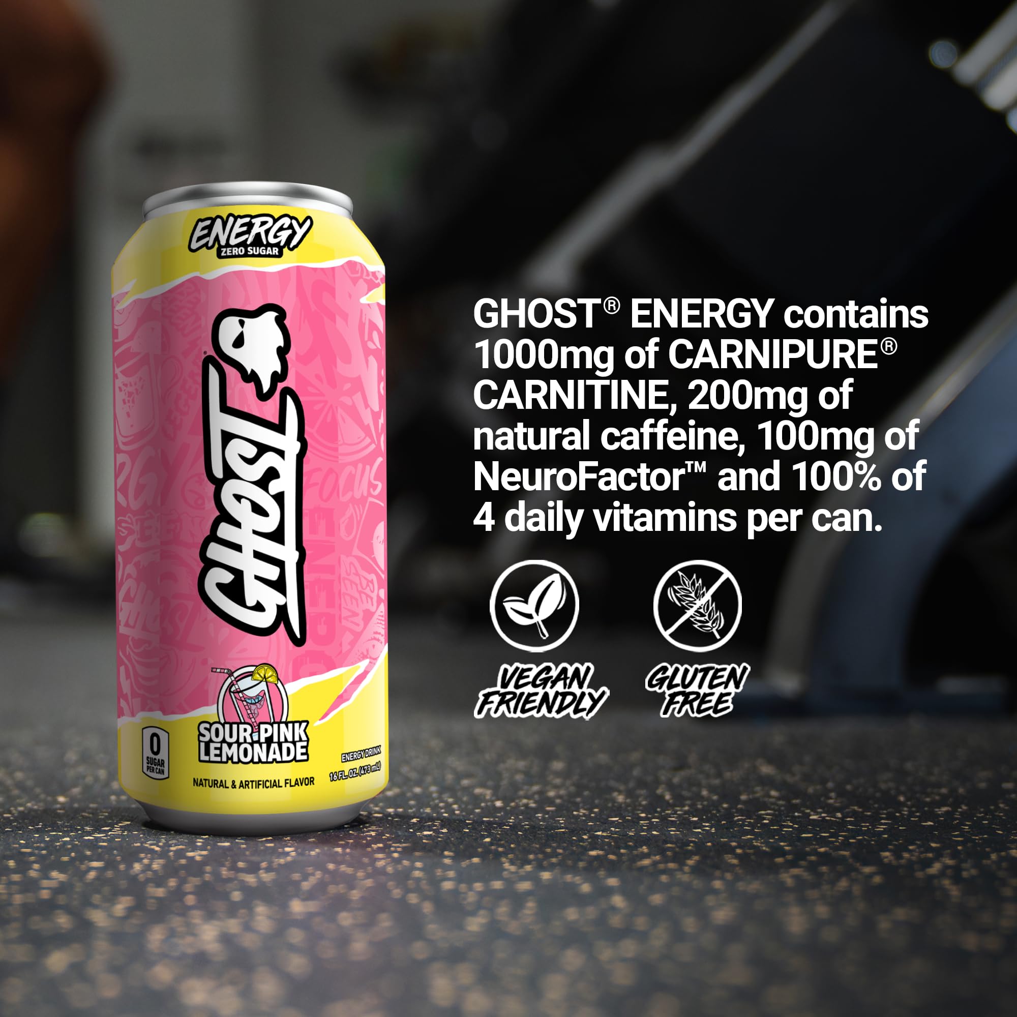 GHOST Energy Drink - 12-Pack, Sour Pink Lemonade, 16oz Cans - Energy & Focus & No Artificial Colors - 200mg of Natural Caffeine, L-Carnitine & Taurine