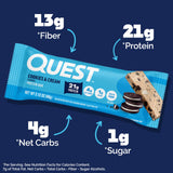 Quest Nutrition Cookies & Cream Protein Bars, 21g Protein, 4g Net Carbs, 1g Sugar, High Fiber, Gluten Free, Keto Friendly, 4 Count