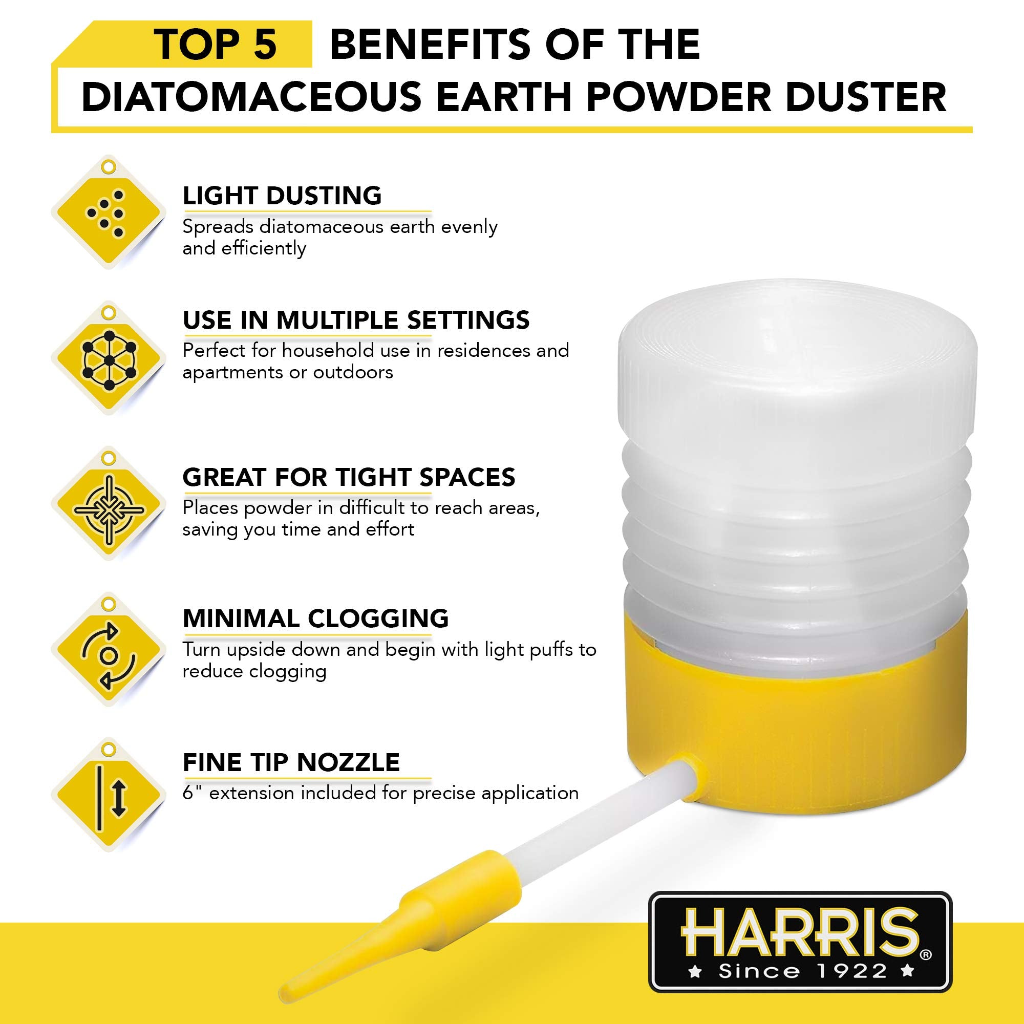 HARRIS Diatomaceous Earth Powder Duster with 6 Inch Extension Nozzle, for Easier Application of DE in Home & Outdoor Lawn and Garden Use