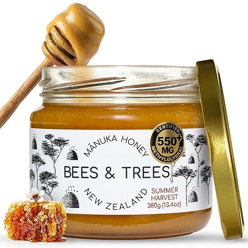 Bees & Trees Manuka Honey 550+ MGO - Raw, Pure New Zealand Monofloral Honey - Unpasteurized & Minimally Filtered - Ideal for Tea, Coffee, Dressings