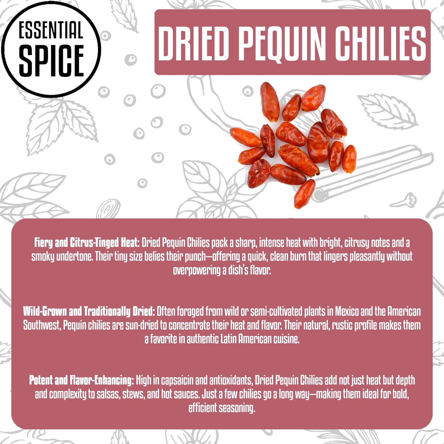 Essential Spice Dried Pequin Chilies - Tiny Chilies with Fiery Heat and Smoky-Citrus Flavor - Whole Dried Pods for Salsas, Hot Sauces, Stews & Infused