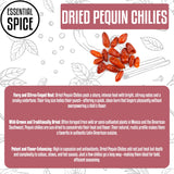 Essential Spice Dried Pequin Chilies - Tiny Chilies with Fiery Heat and Smoky-Citrus Flavor - Whole Dried Pods for Salsas, Hot Sauces, Stews & Infused