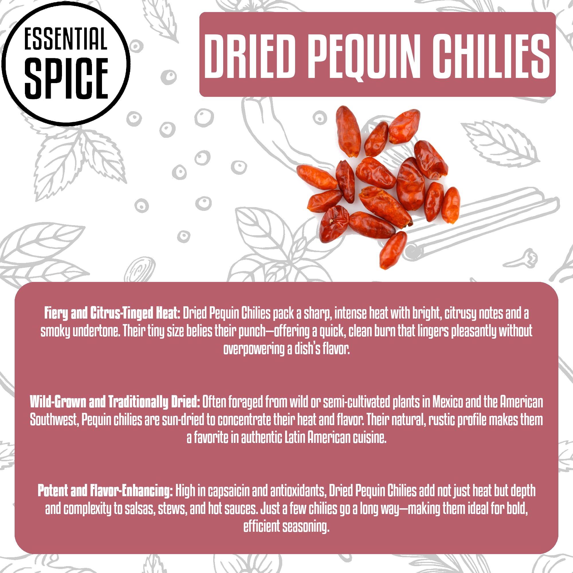 Essential Spice Dried Pequin Chilies - Tiny Chilies with Fiery Heat and Smoky-Citrus Flavor - Whole Dried Pods for Salsas, Hot Sauces, Stews & Infused